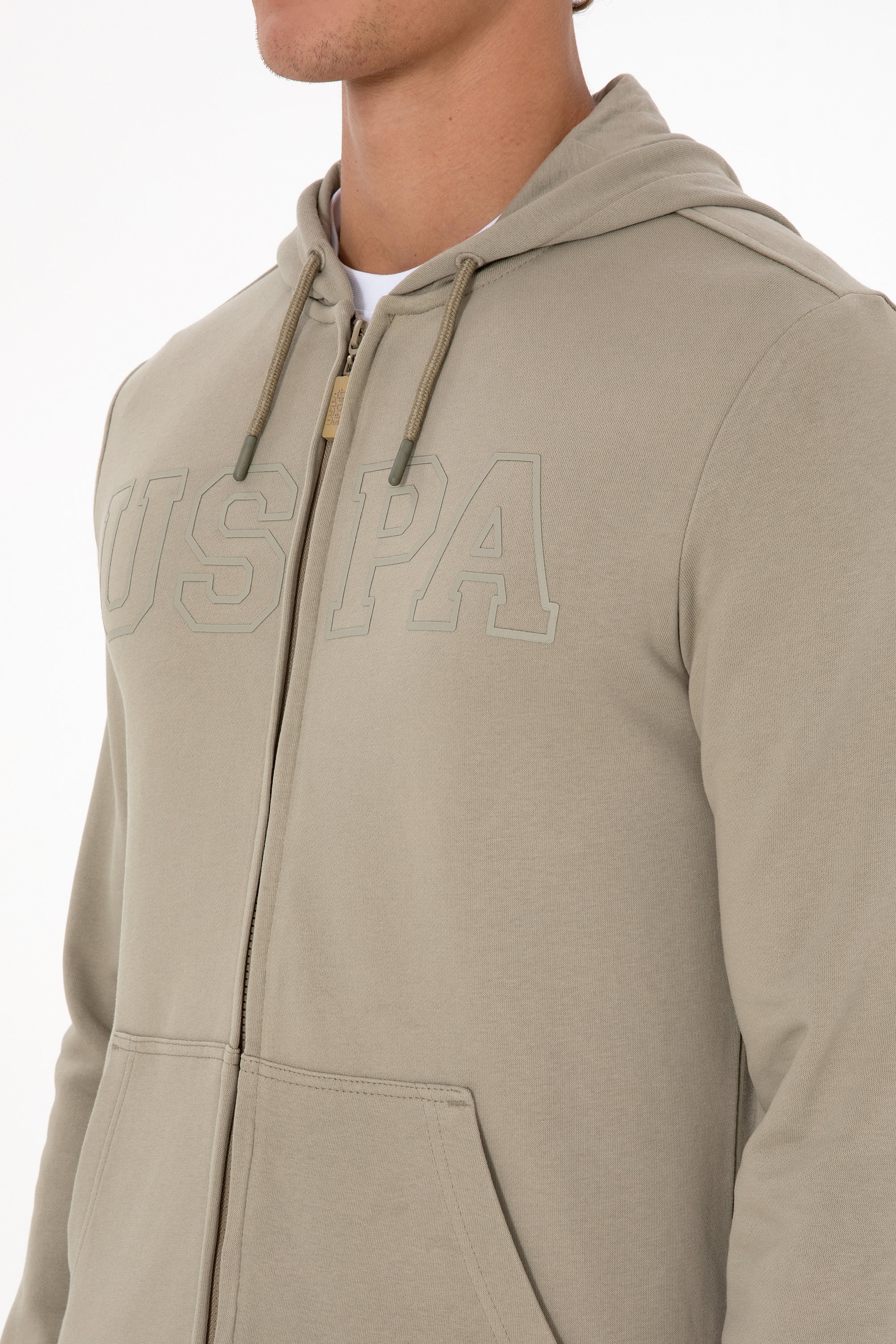 Erkek Regular Fit Fermuarlı Kapüşonlu Açık Haki Örme Hırka - Image 7