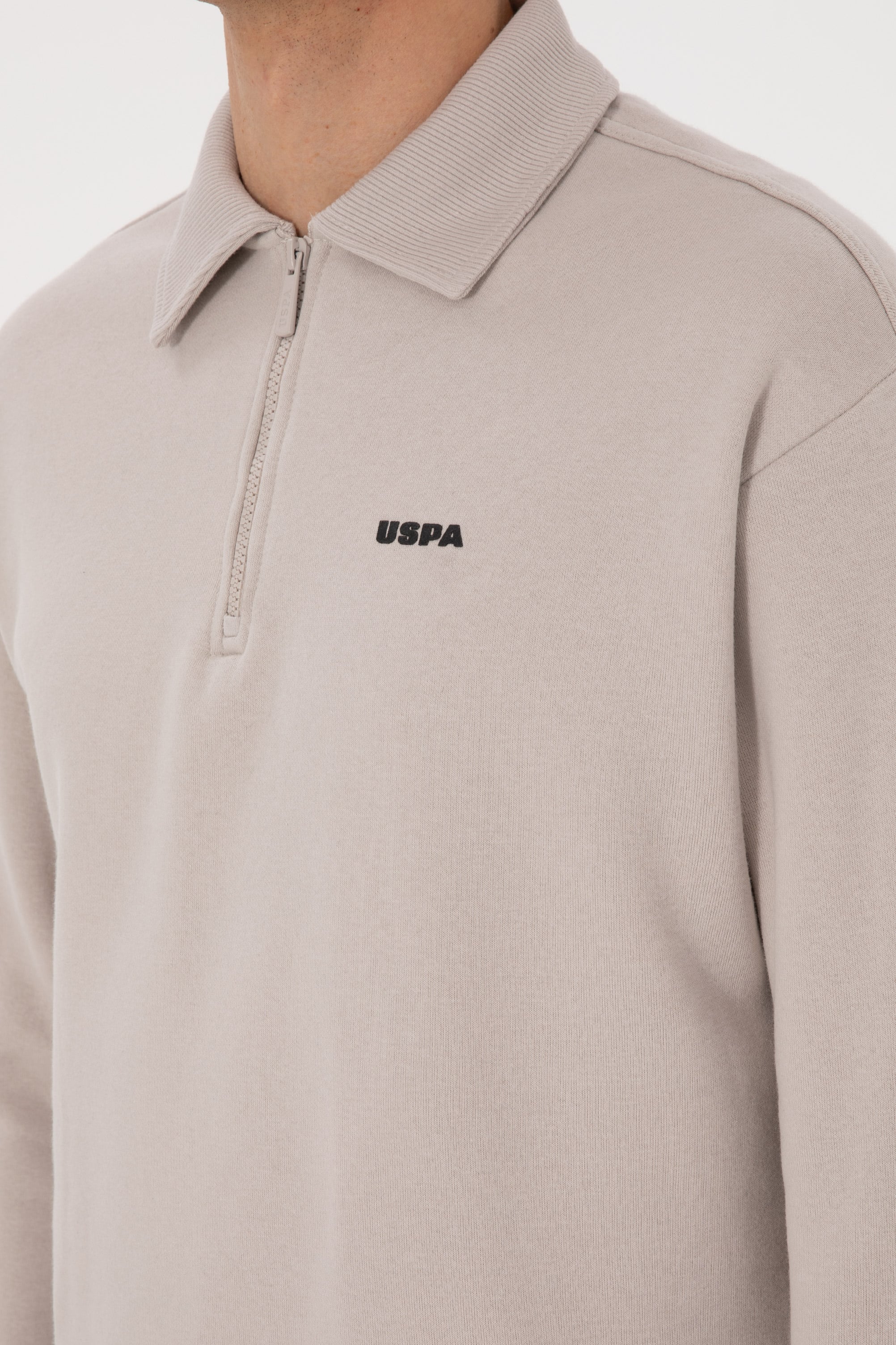 Erkek Regular Fit Yarım Fermuarlı Şardonlu Polo Yaka Taş Basic Sweatshirt - Image 7