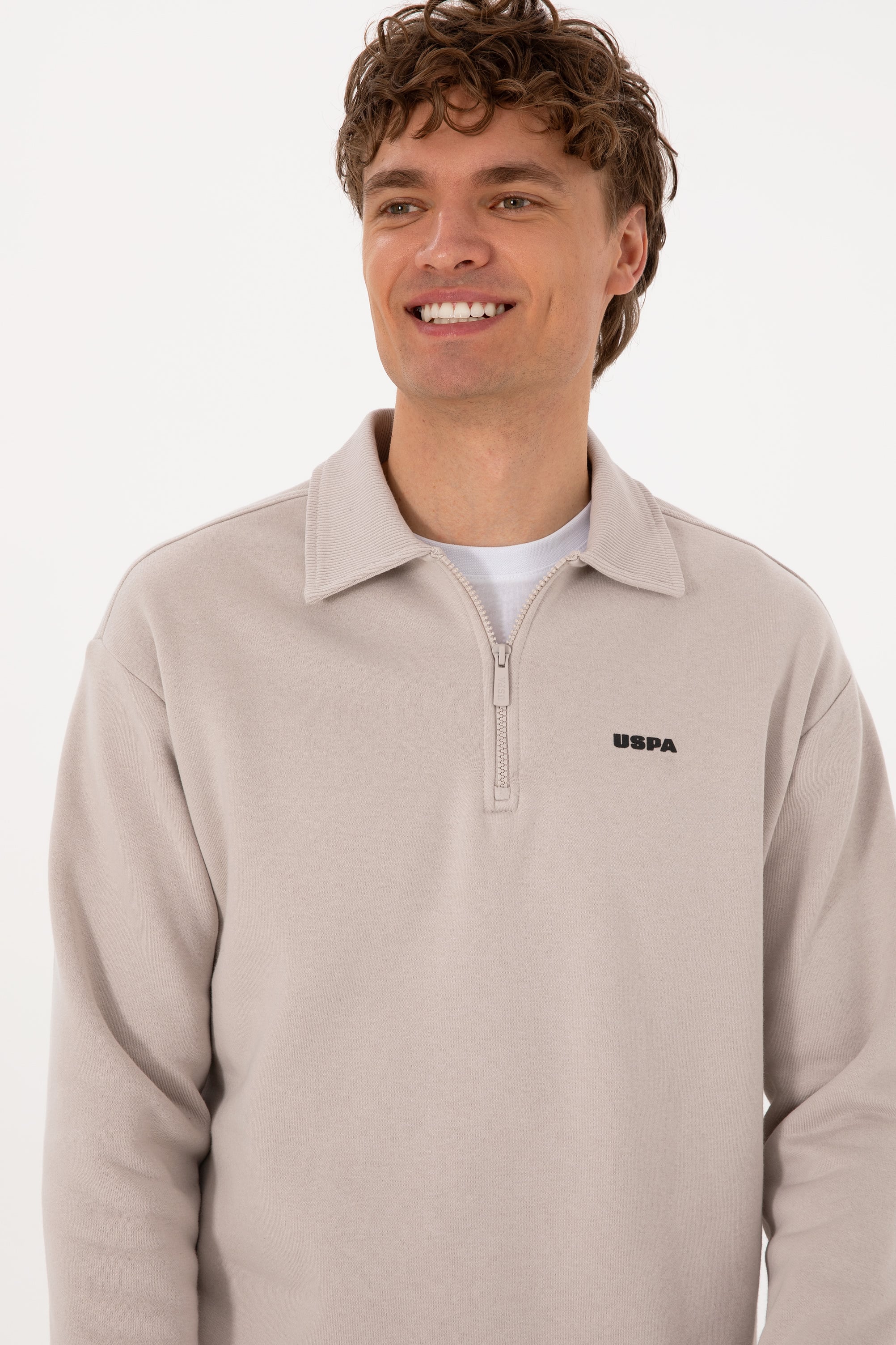 Erkek Regular Fit Yarım Fermuarlı Şardonlu Polo Yaka Taş Basic Sweatshirt