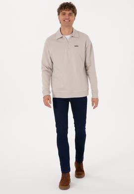 Erkek Regular Fit Yarım Fermuarlı Şardonlu Taş Basic Sweatshirt - 50313783026