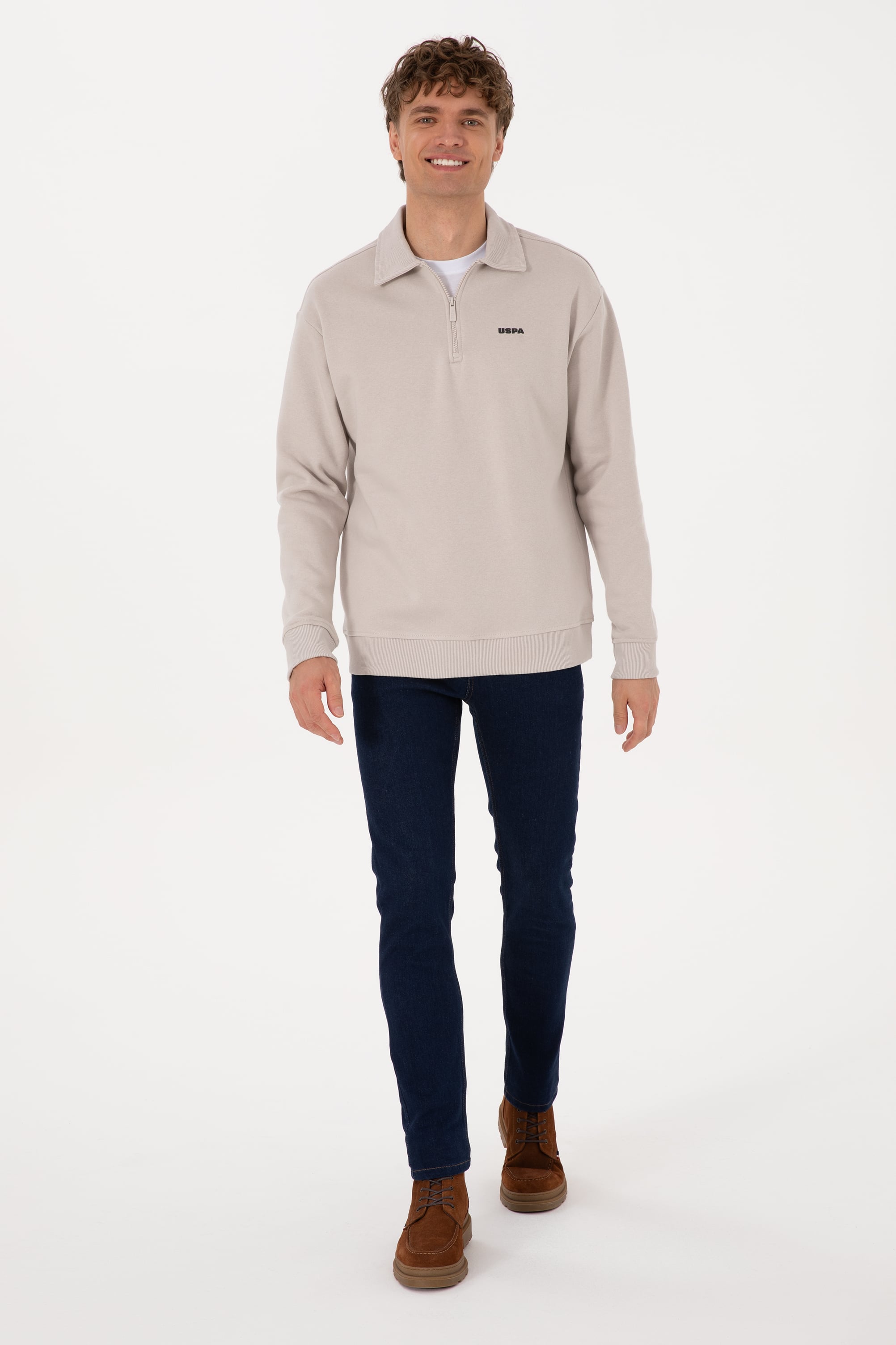 Erkek Regular Fit Yarım Fermuarlı Şardonlu Polo Yaka Taş Basic Sweatshirt