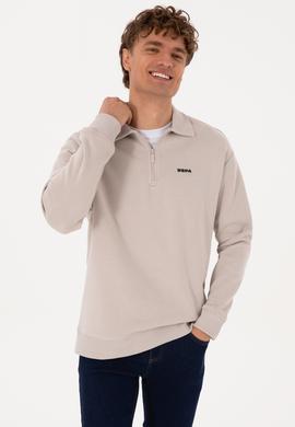 Erkek Regular Fit Yarım Fermuarlı Şardonlu Taş Basic Sweatshirt - 50313783026