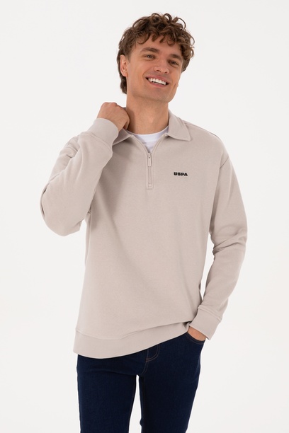 Erkek Regular Fit Yarım Fermuarlı Şardonlu Polo Yaka Taş Basic Sweatshirt