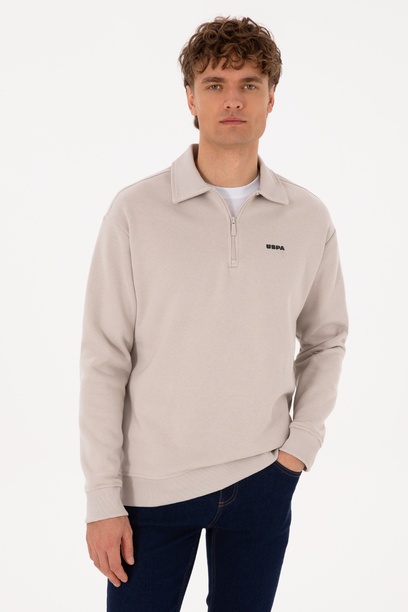 Erkek Regular Fit Yarım Fermuarlı Şardonlu Polo Yaka Taş Basic Sweatshirt