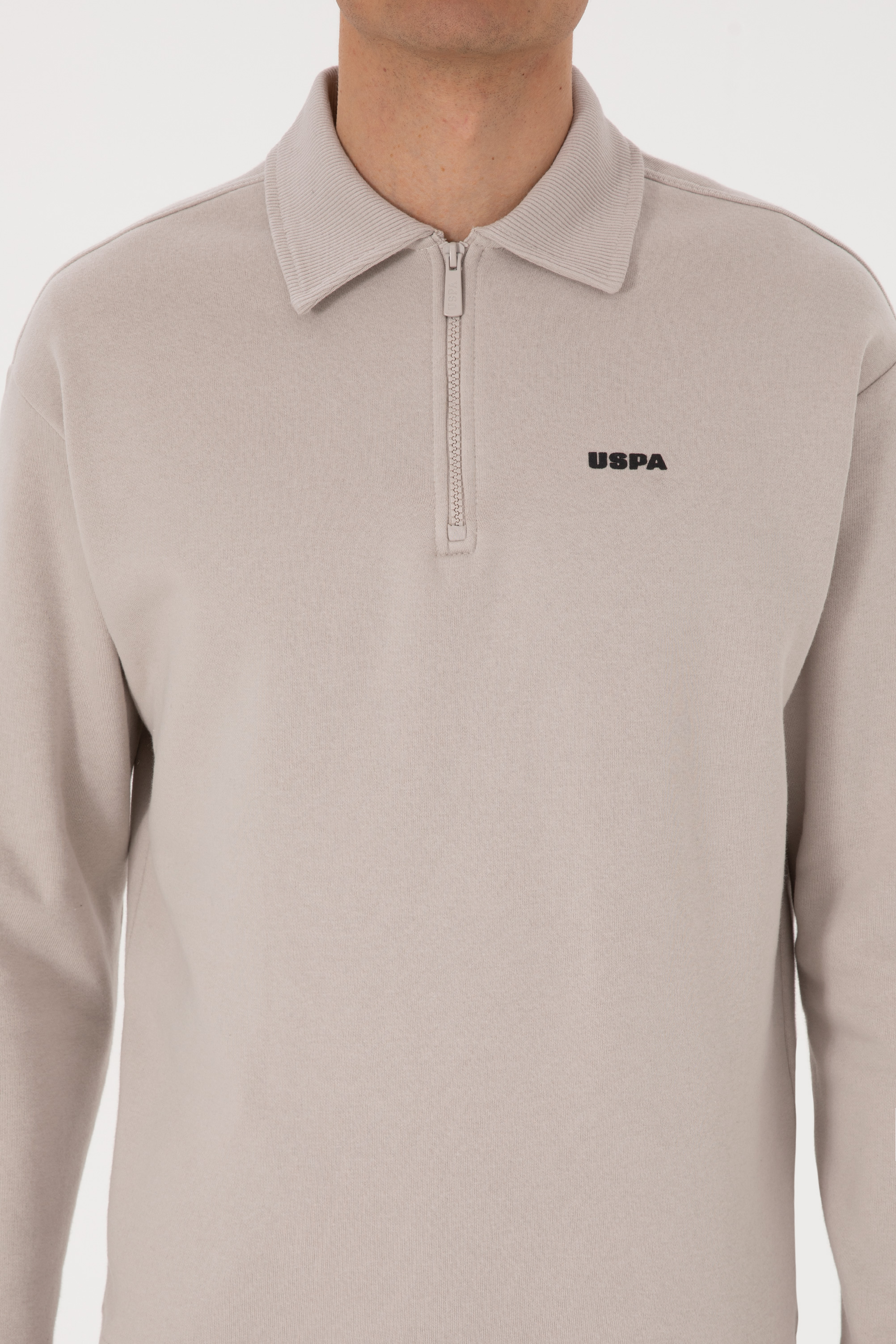 Erkek Regular Fit Yarım Fermuarlı Şardonlu Polo Yaka Taş Basic Sweatshirt - Image 6