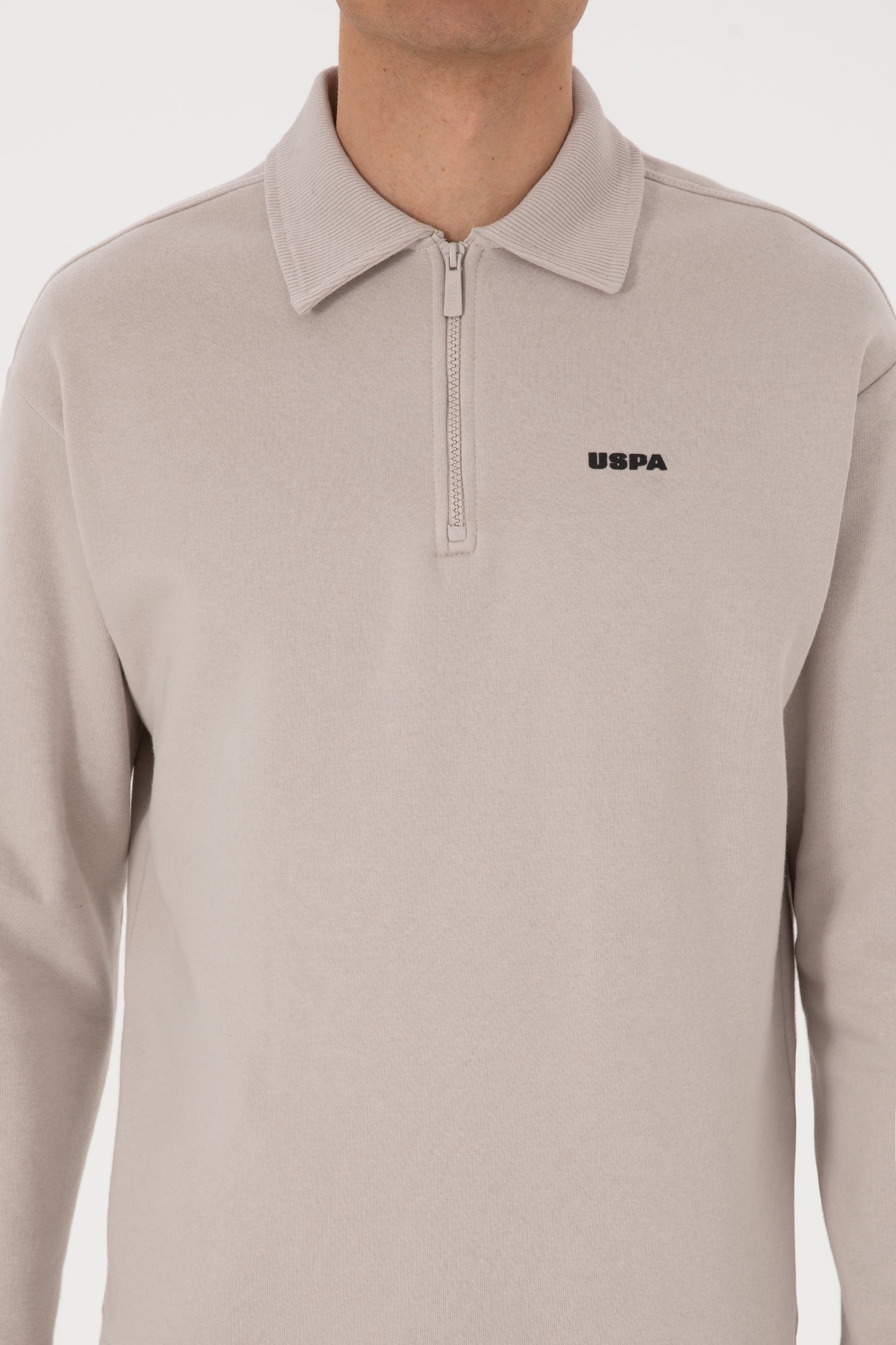 Erkek Regular Fit Yarım Fermuarlı Şardonlu Polo Yaka Taş Basic Sweatshirt