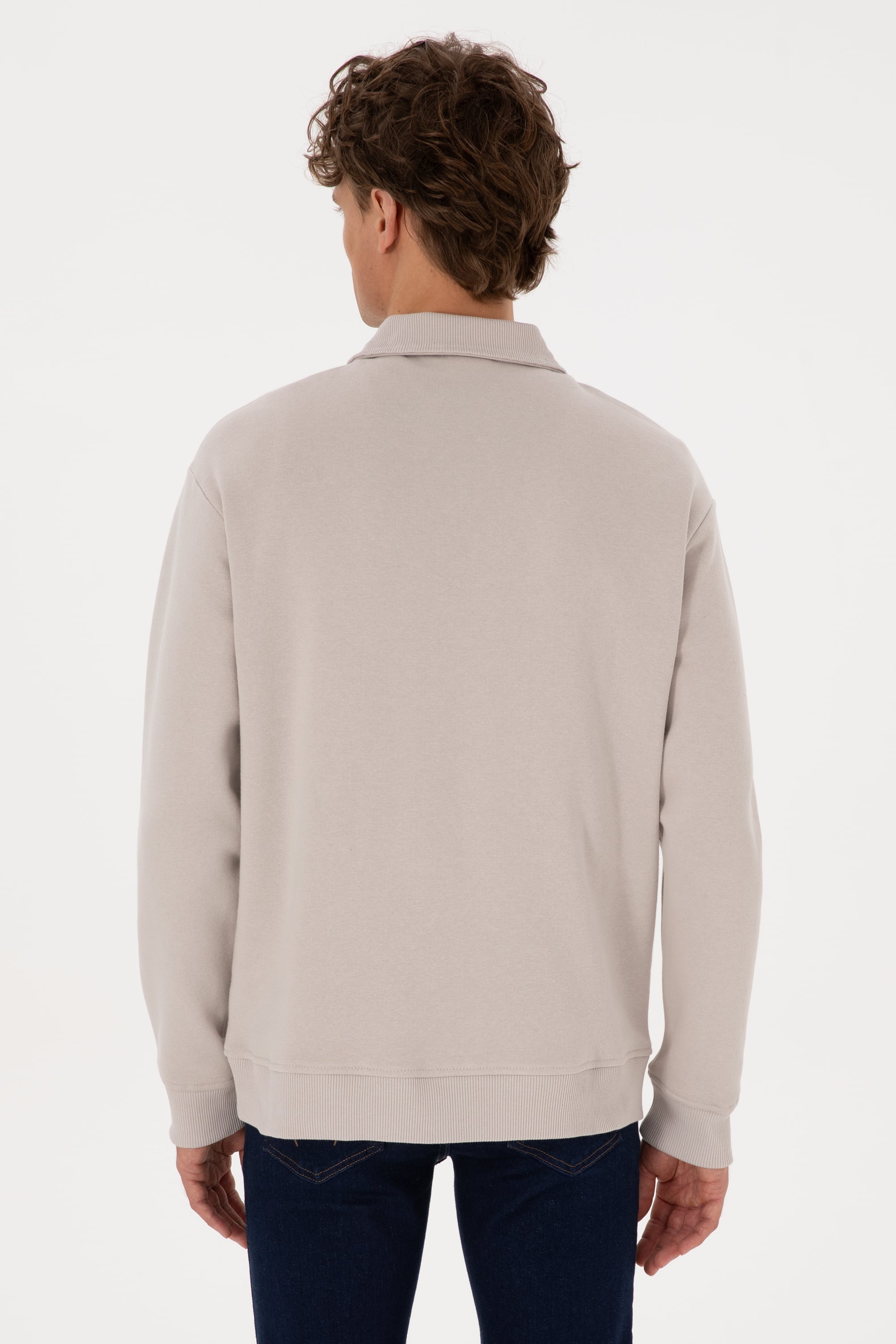 Erkek Regular Fit Yarım Fermuarlı Şardonlu Polo Yaka Taş Basic Sweatshirt