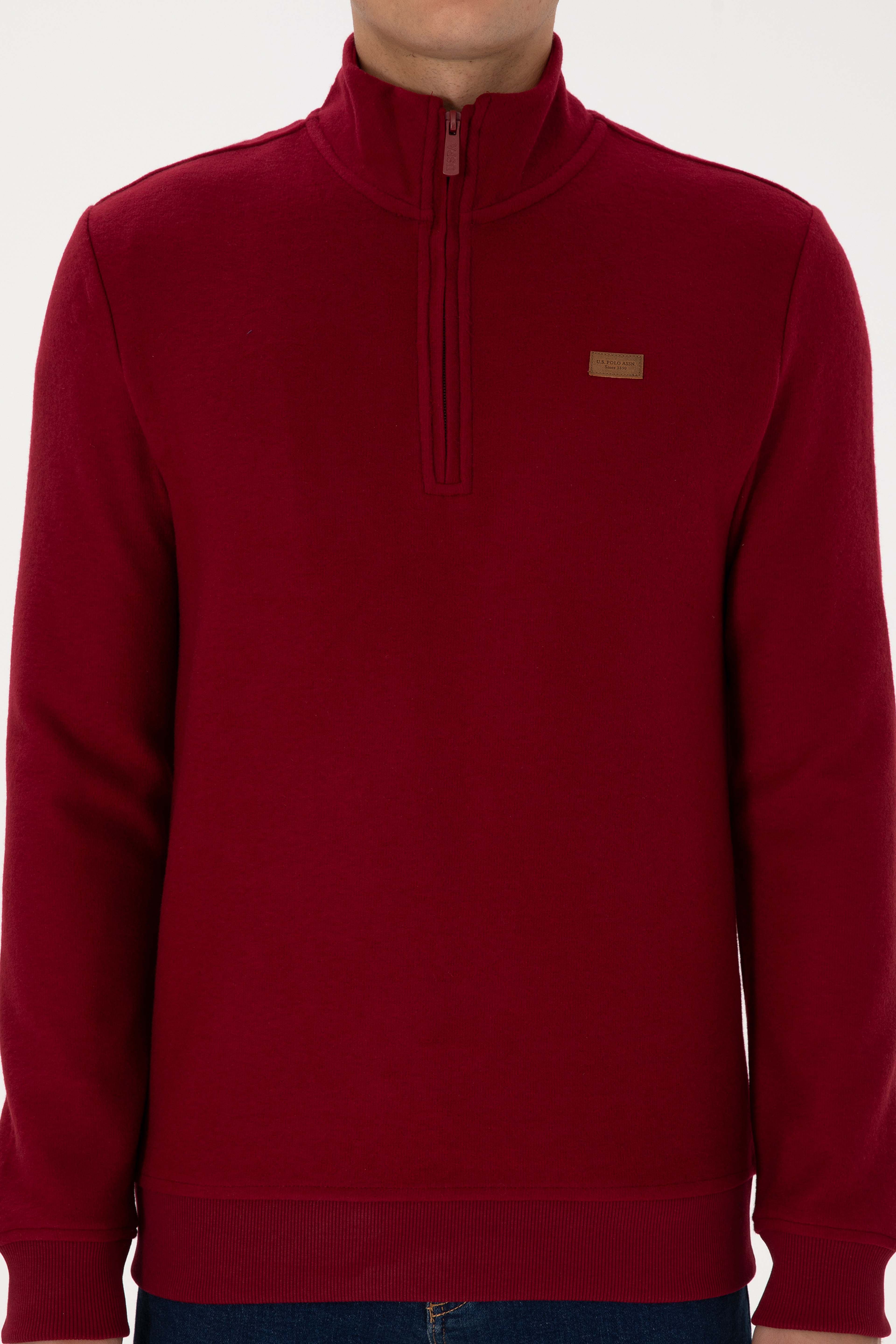 Erkek Regular Fit Yarım Fermuarlı Şardonlu Polo Yaka Bordo Basic Sweatshirt