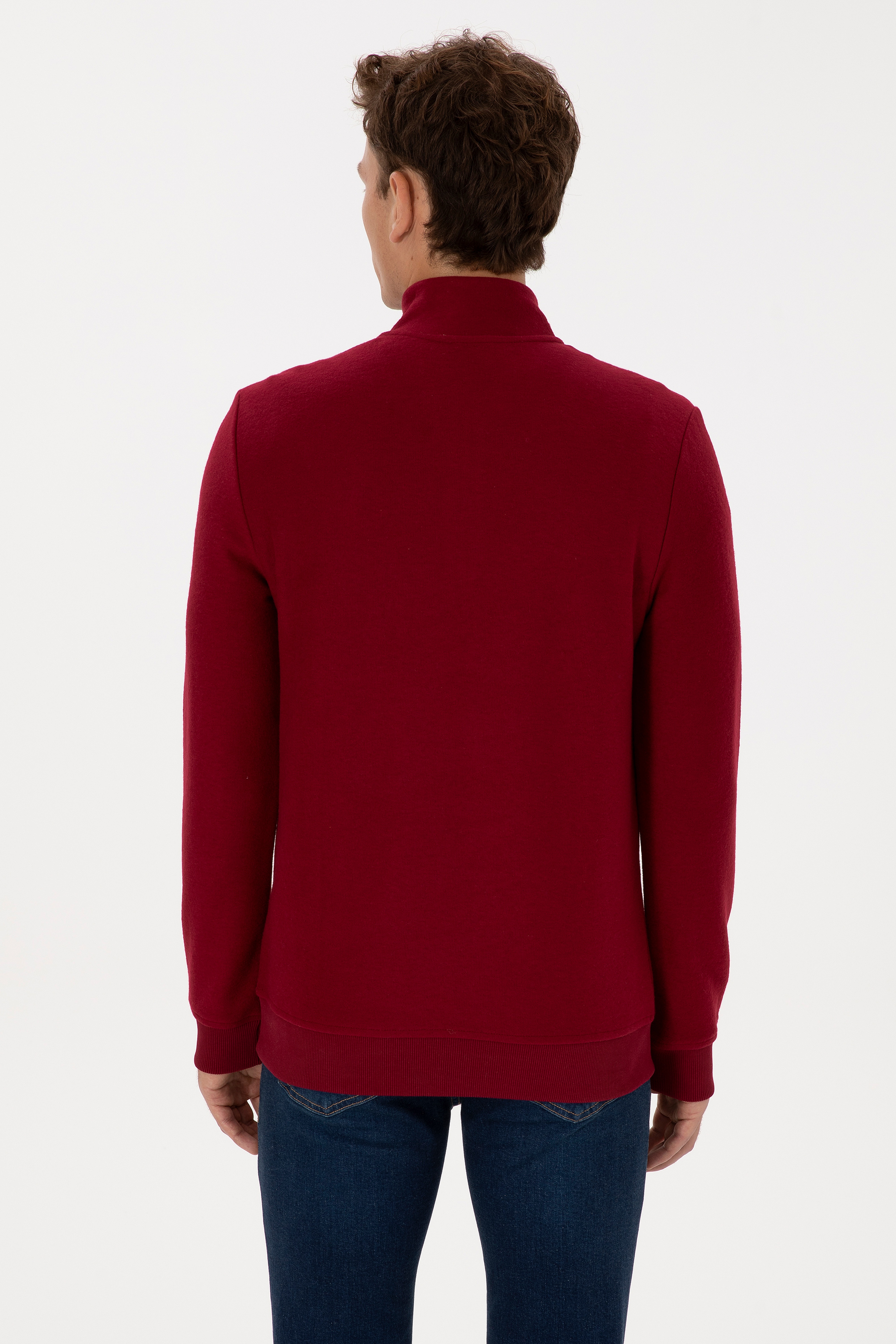 Erkek Regular Fit Yarım Fermuarlı Şardonlu Polo Yaka Bordo Basic Sweatshirt - Image 5