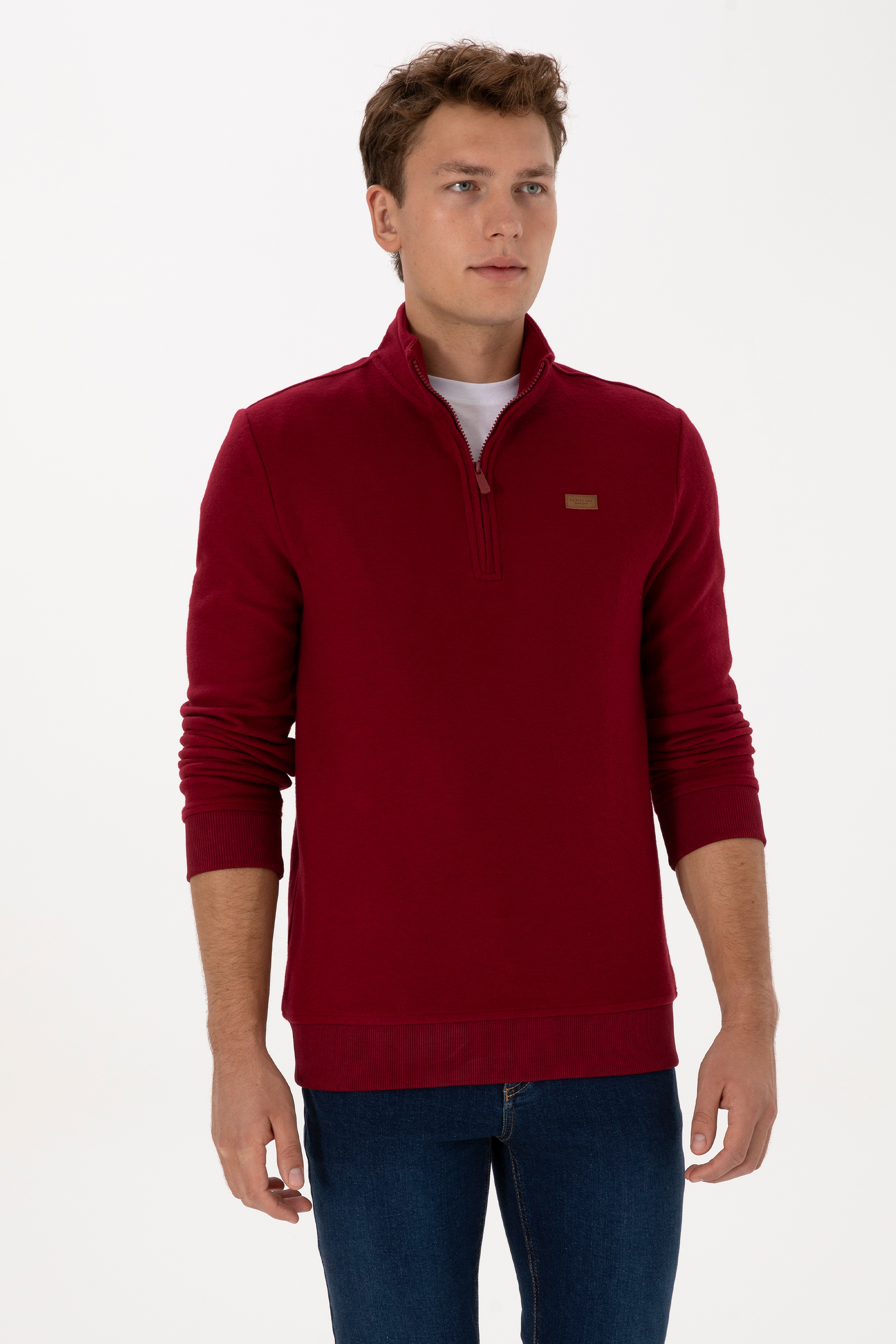 Erkek Regular Fit Yarım Fermuarlı Şardonlu Polo Yaka Bordo Basic Sweatshirt
