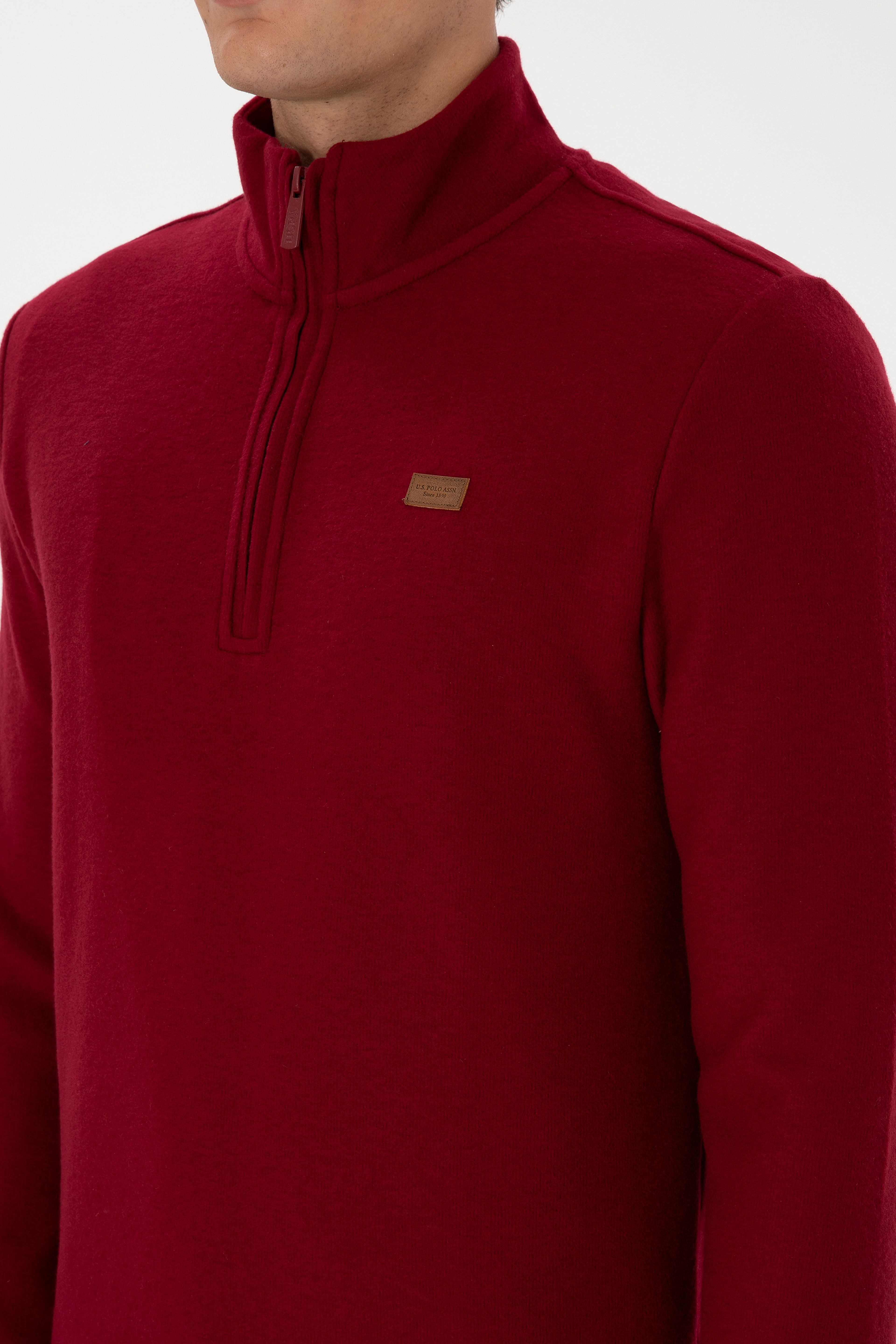 Erkek Regular Fit Yarım Fermuarlı Şardonlu Polo Yaka Bordo Basic Sweatshirt - Image 7