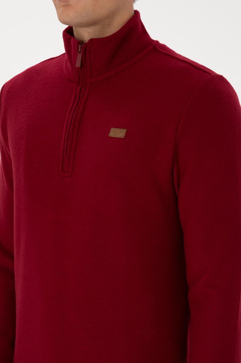Erkek Regular Fit Yarım Fermuarlı Bordo Basic Sweatshirt