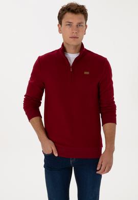 Erkek Regular Fit Yarım Fermuarlı Bordo Basic Sweatshirt - 50313802023