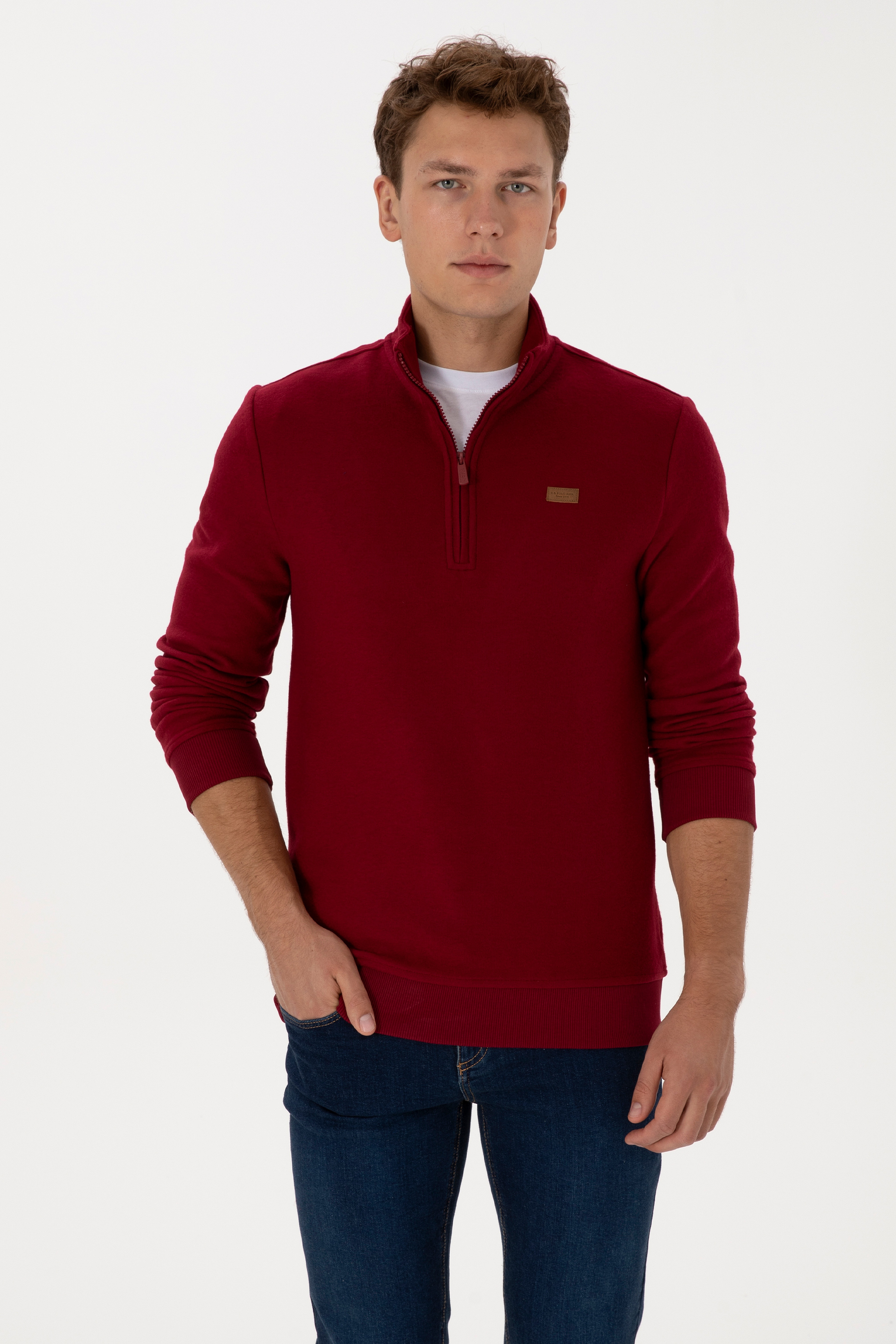 Erkek Regular Fit Yarım Fermuarlı Şardonlu Polo Yaka Bordo Basic Sweatshirt