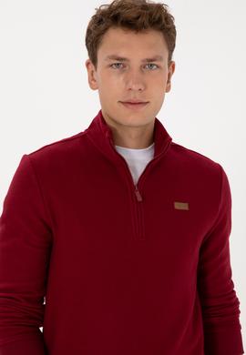 Erkek Regular Fit Yarım Fermuarlı Bordo Basic Sweatshirt - 50313802023