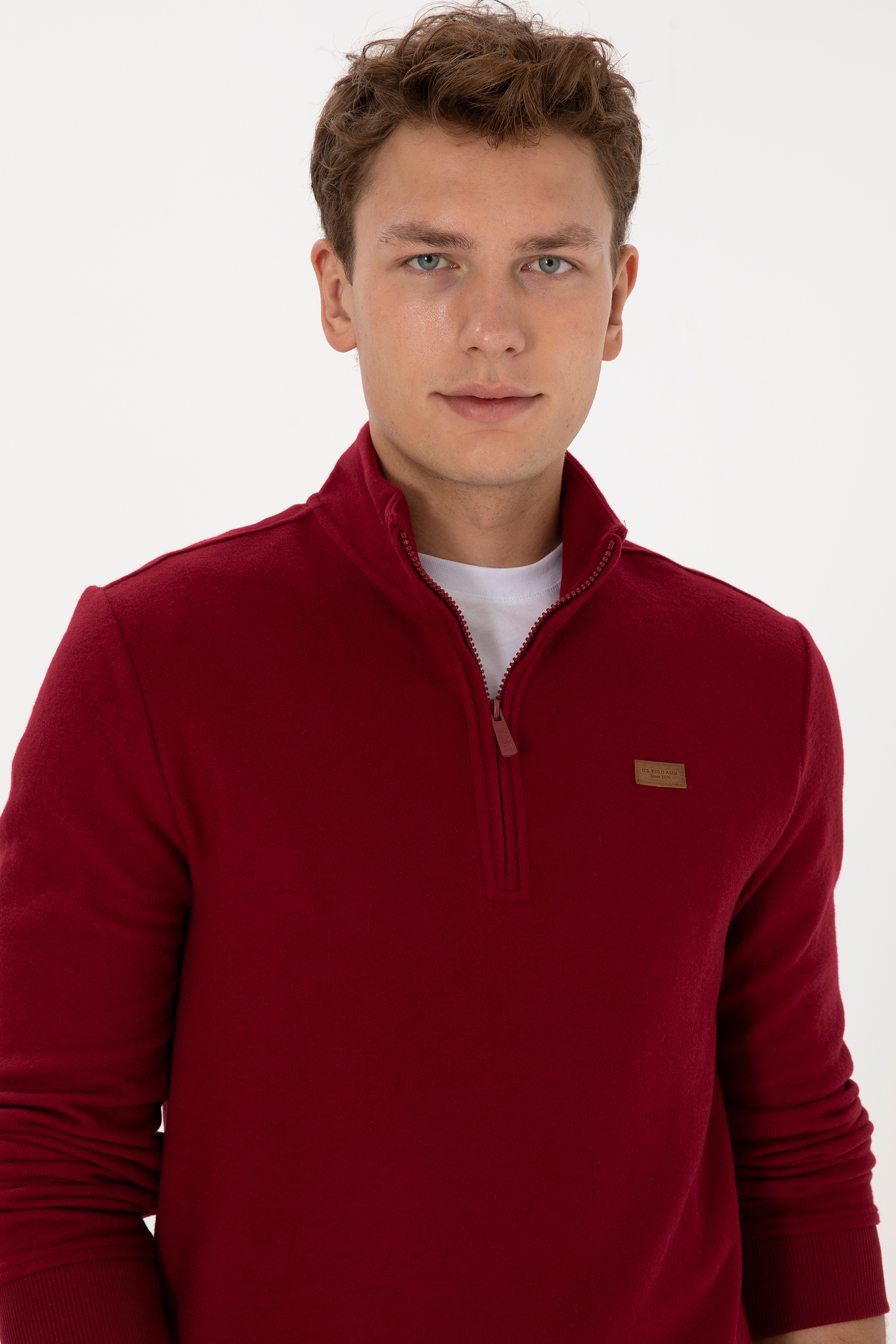 Erkek Regular Fit Yarım Fermuarlı Şardonlu Polo Yaka Bordo Basic Sweatshirt - Image 2