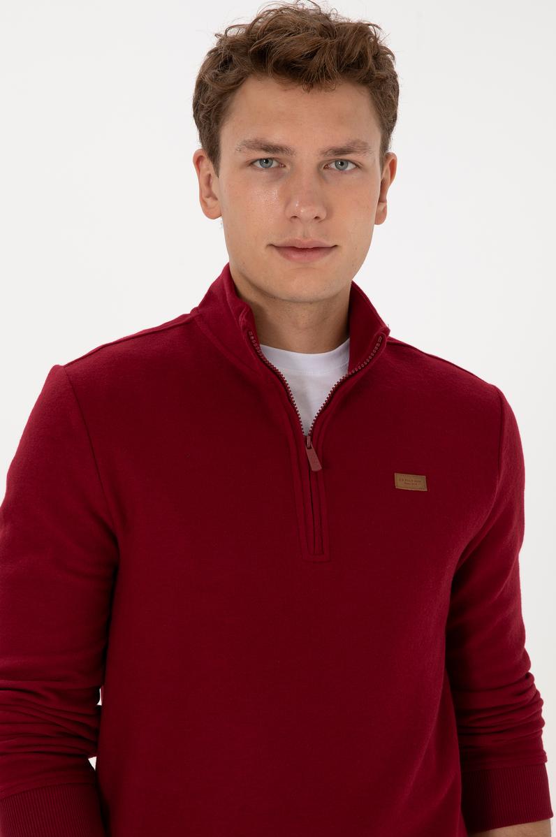 Erkek Regular Fit Yarım Fermuarlı Bordo Basic Sweatshirt