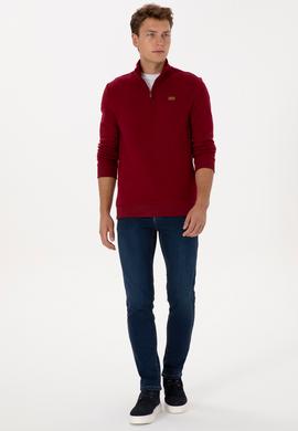 Erkek Regular Fit Yarım Fermuarlı Bordo Basic Sweatshirt - 50313802023