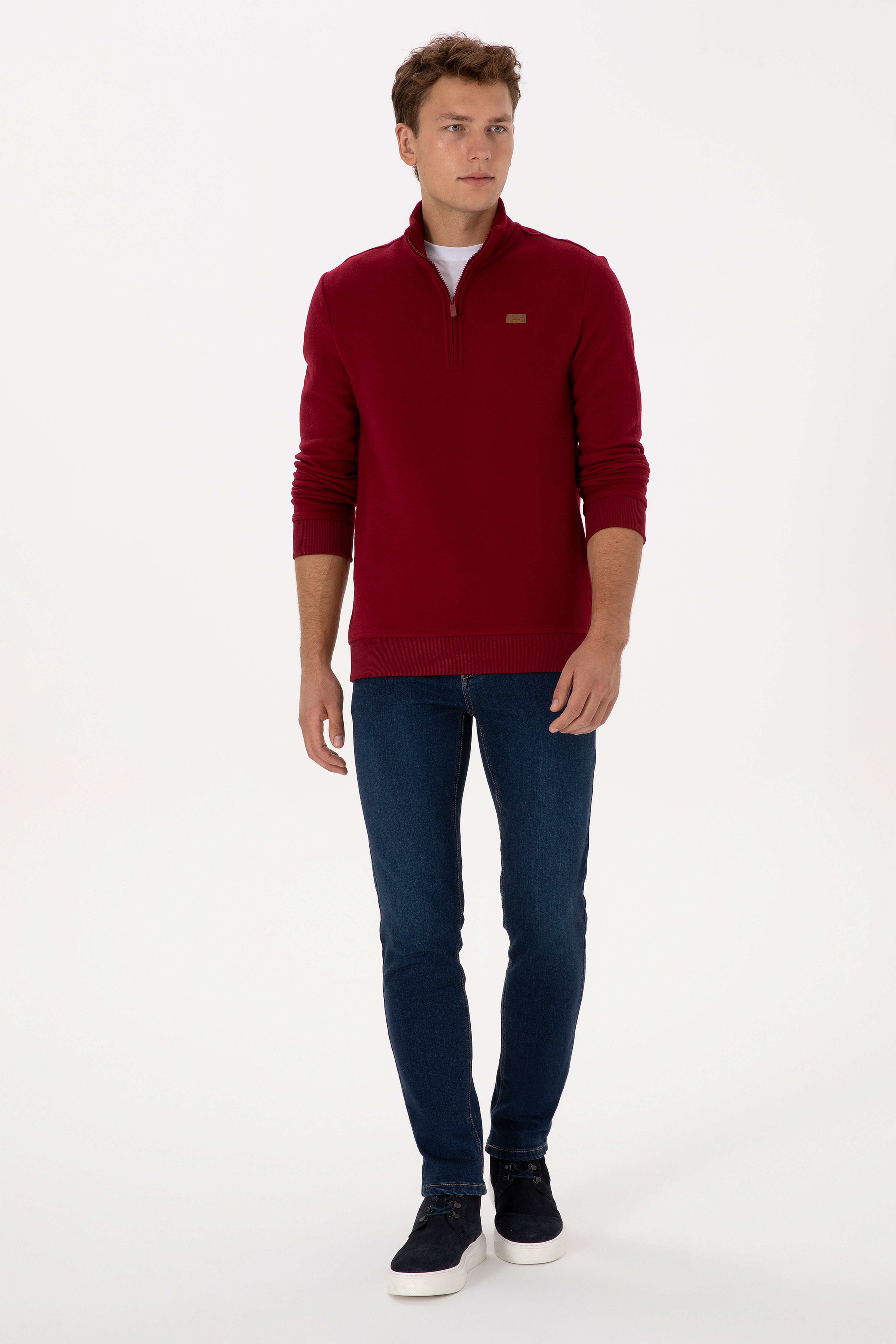 Erkek Regular Fit Yarım Fermuarlı Şardonlu Polo Yaka Bordo Basic Sweatshirt