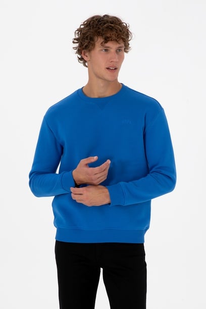 Erkek Comfort Fit Bisiklet Yaka Şardonlu Saks Basic Sweatshirt
