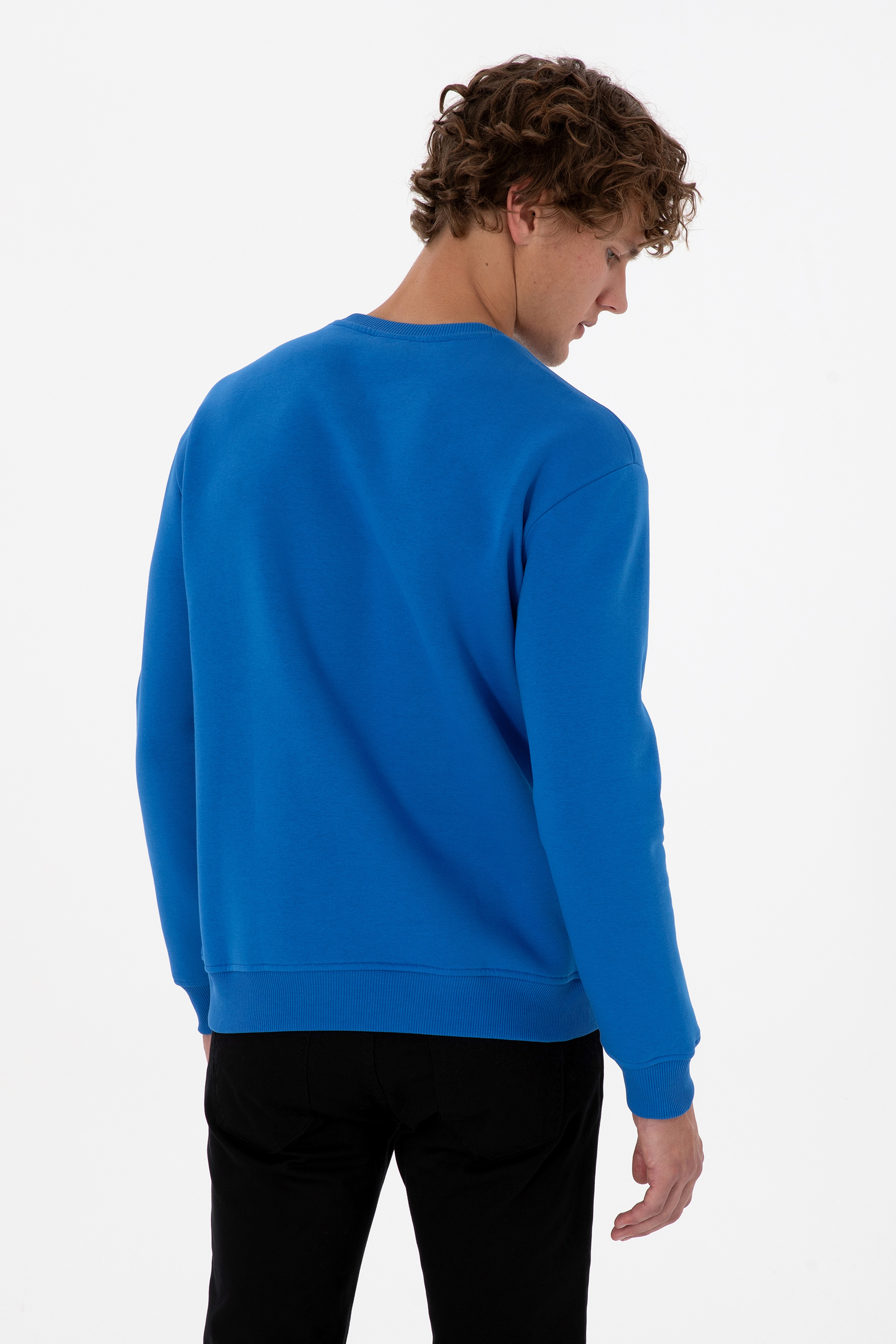 Erkek Comfort Fit Bisiklet Yaka Şardonlu Saks Basic Sweatshirt - Image 5