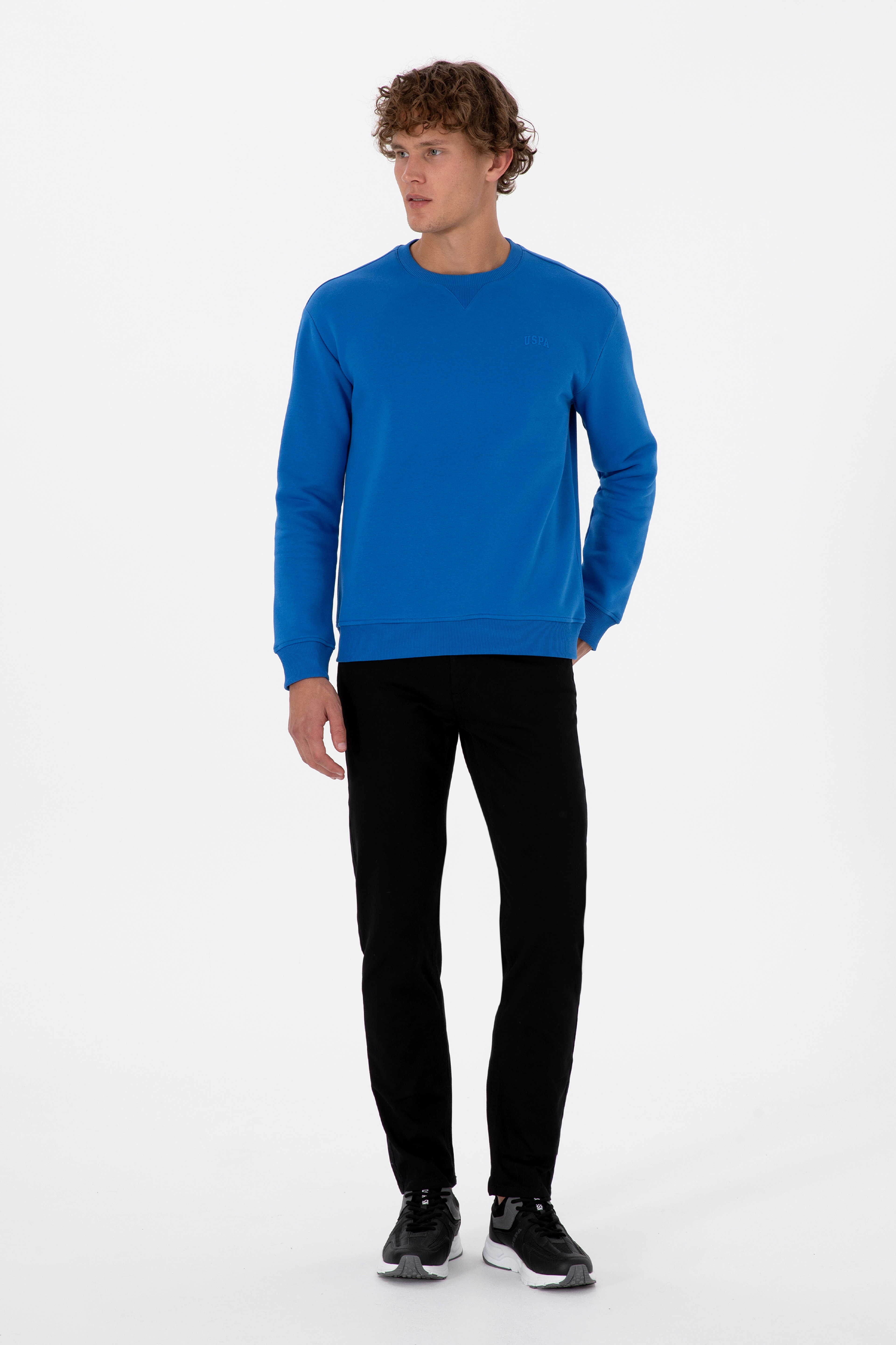 Erkek Comfort Fit Bisiklet Yaka Şardonlu Saks Basic Sweatshirt