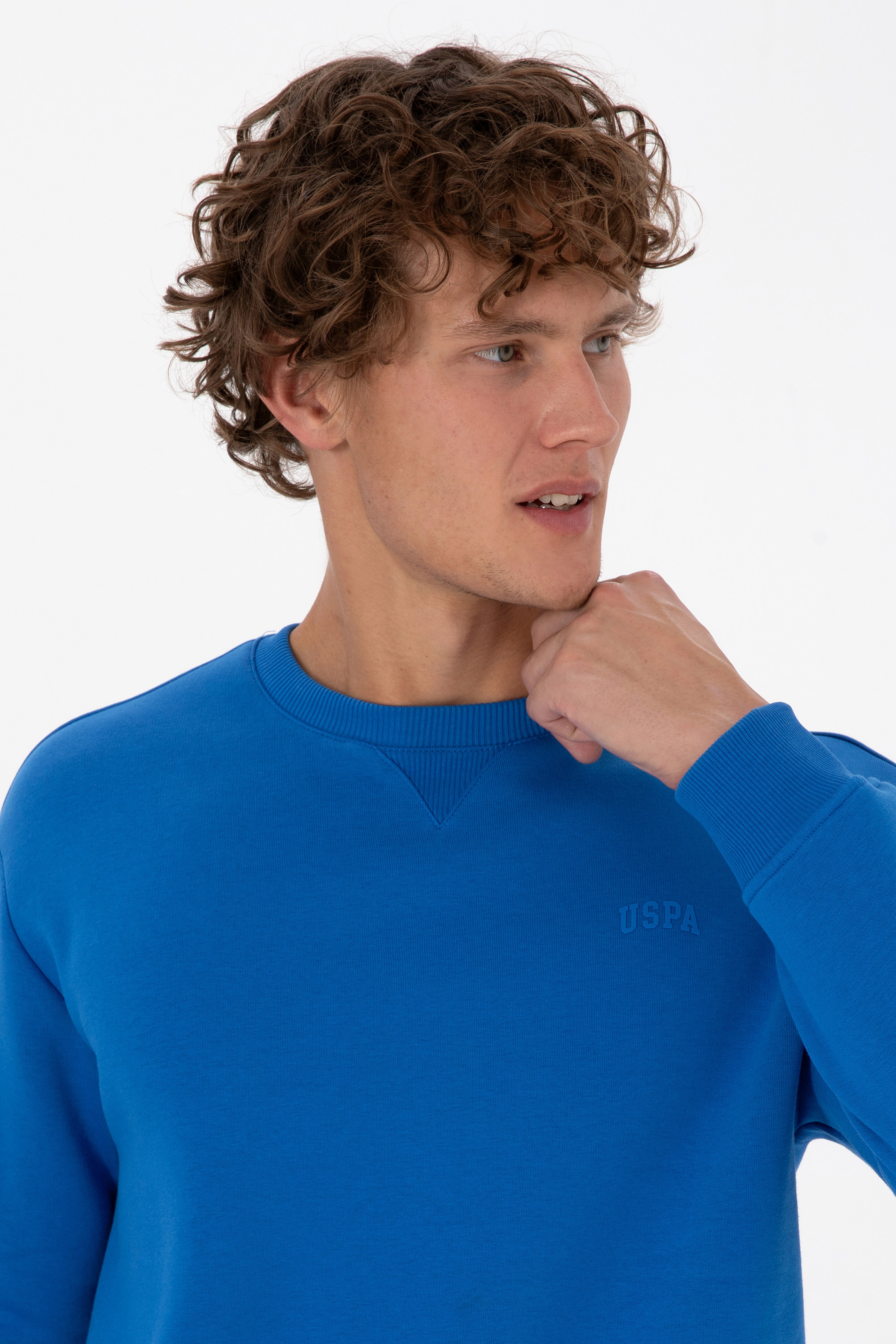 Erkek Comfort Fit Bisiklet Yaka Şardonlu Saks Basic Sweatshirt