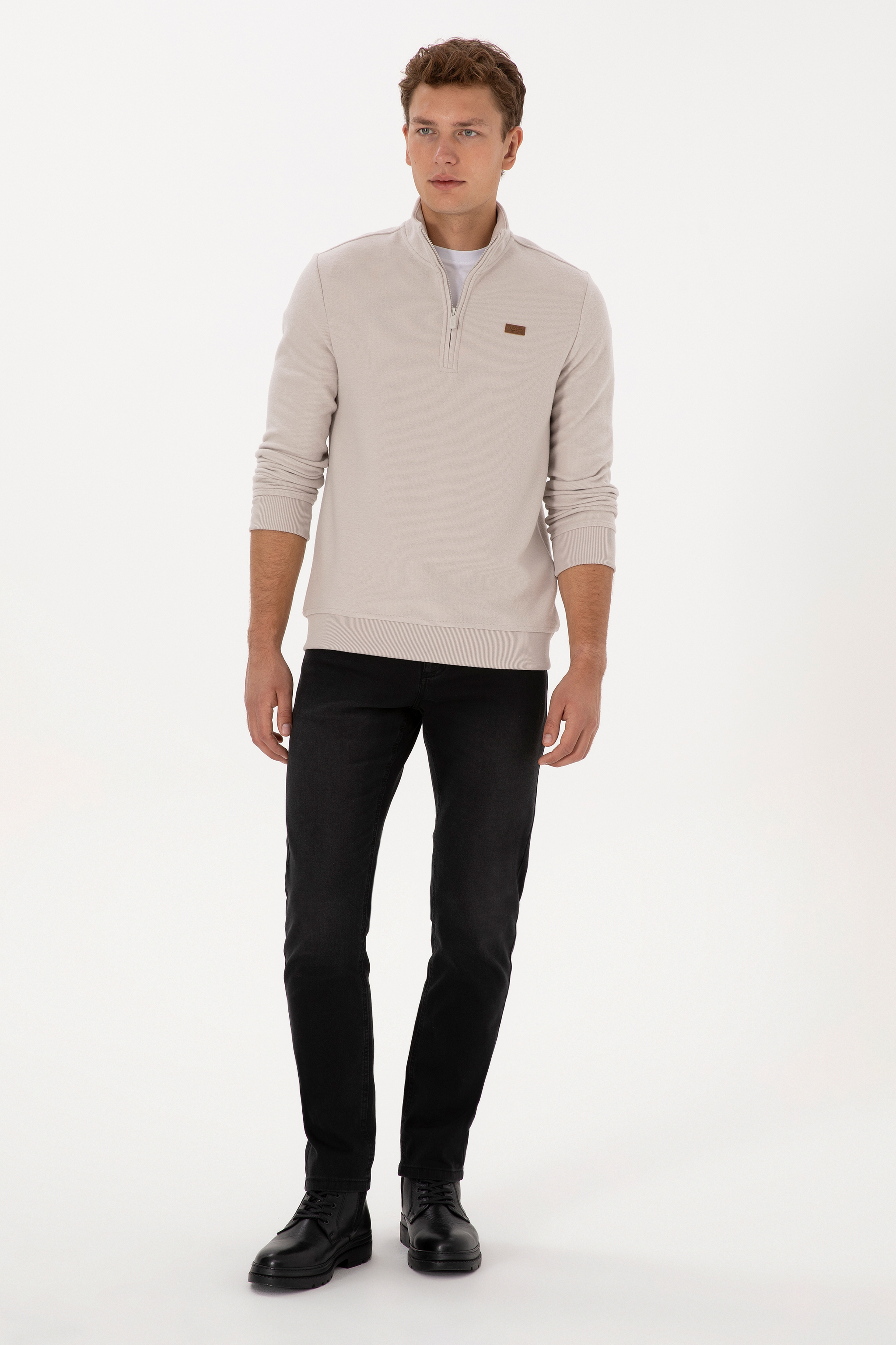 Erkek Regular Fit Yarım Fermuarlı Şardonlu Polo Yaka Taş Basic Sweatshirt - Image 4