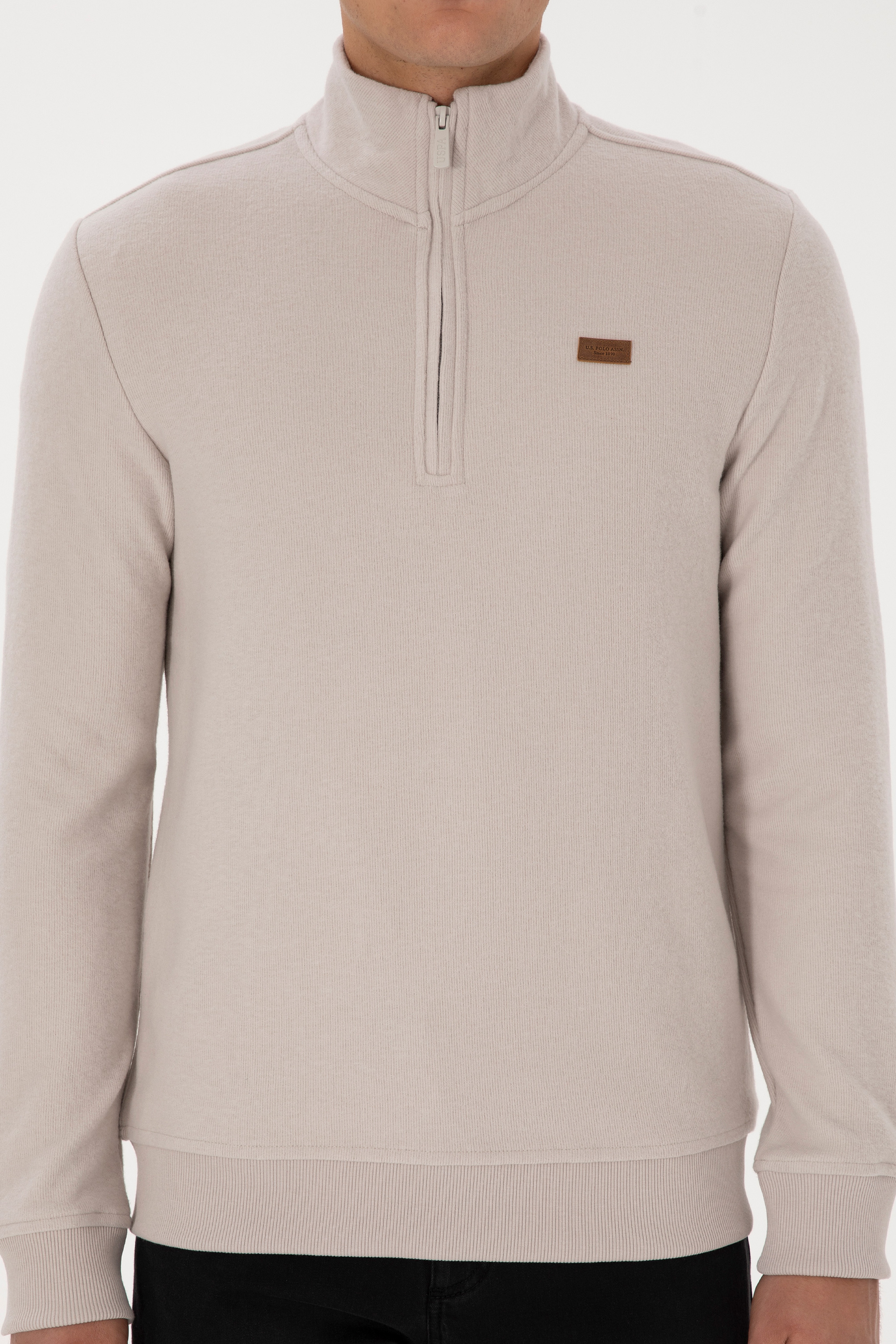 Erkek Regular Fit Yarım Fermuarlı Şardonlu Polo Yaka Taş Basic Sweatshirt