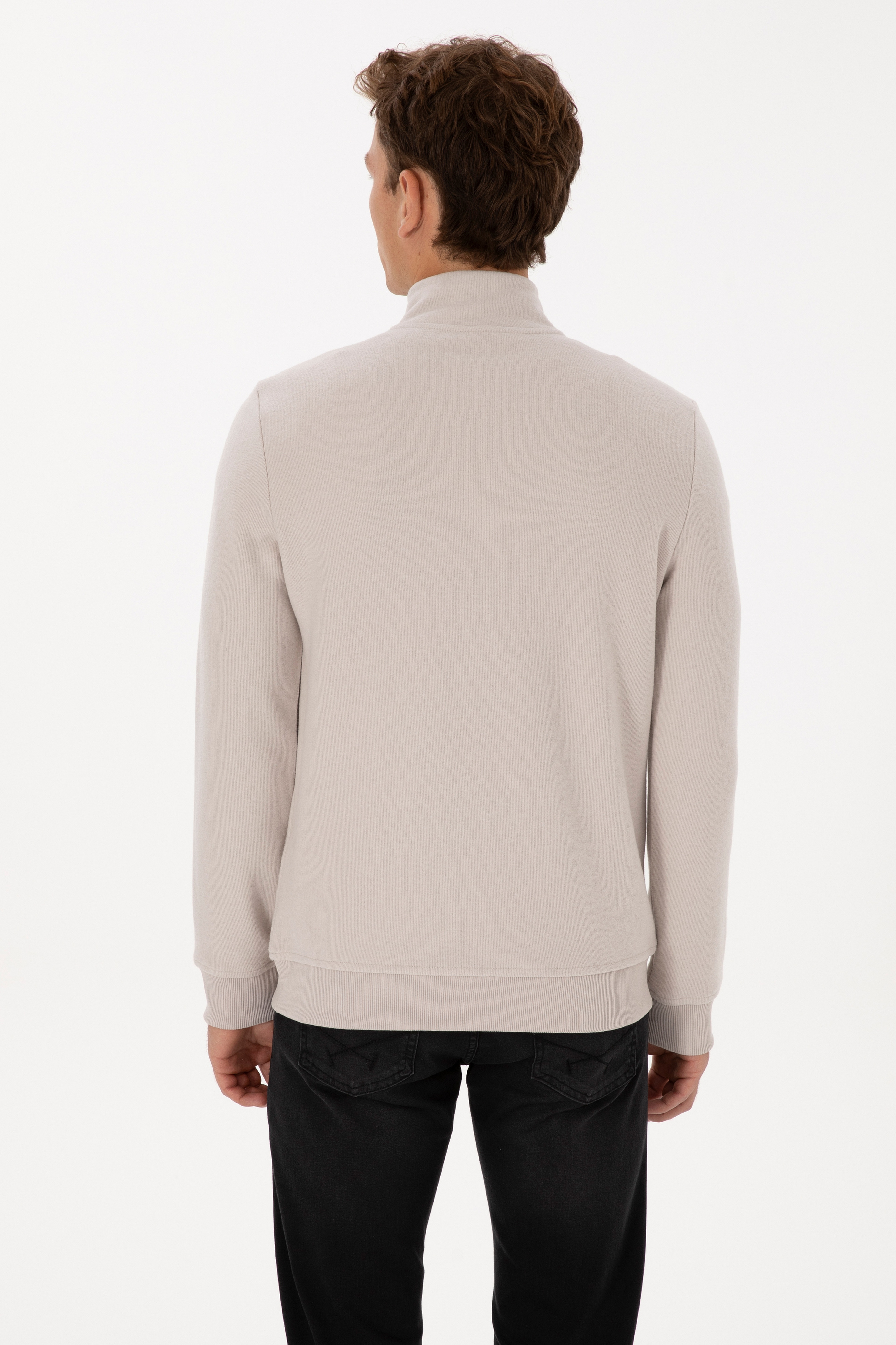 Erkek Regular Fit Yarım Fermuarlı Şardonlu Polo Yaka Taş Basic Sweatshirt - Image 5