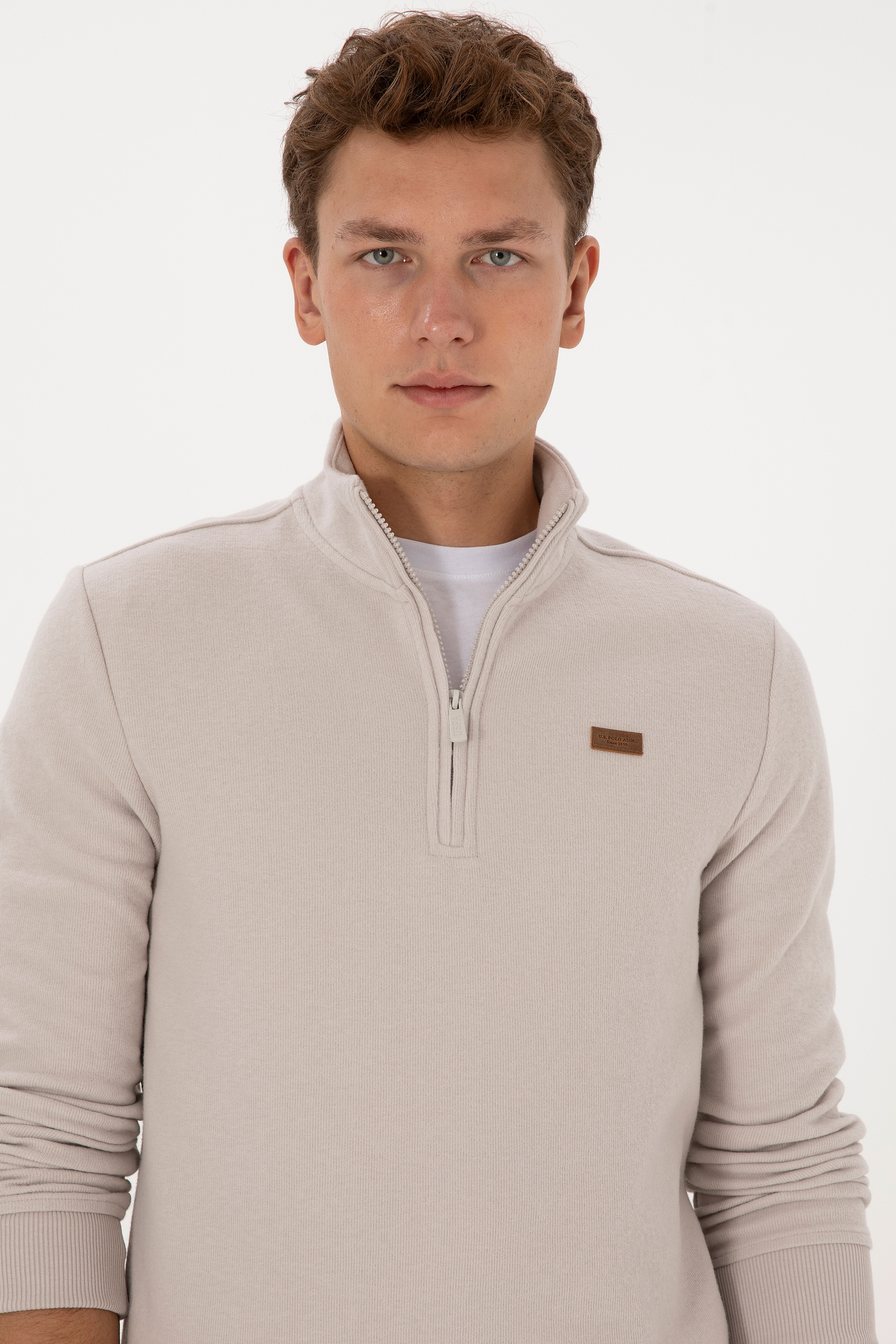 Erkek Regular Fit Yarım Fermuarlı Şardonlu Polo Yaka Taş Basic Sweatshirt - Image 2