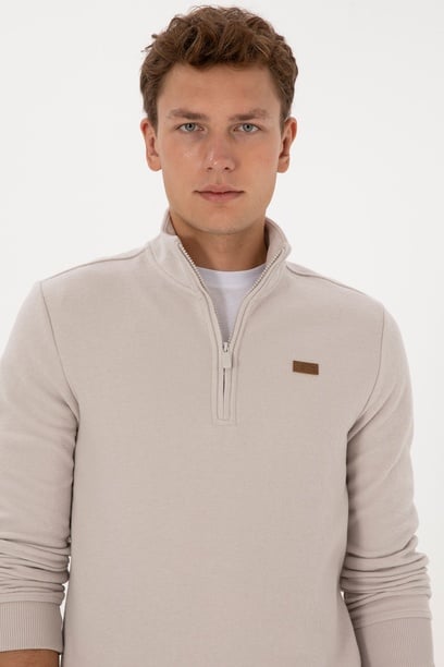 Erkek Regular Fit Yarım Fermuarlı Şardonlu Polo Yaka Taş Basic Sweatshirt