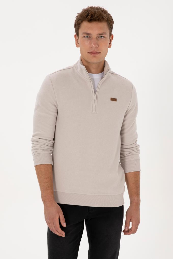 Erkek Regular Fit Yarım Fermuarlı Taş Basic Sweatshirt
