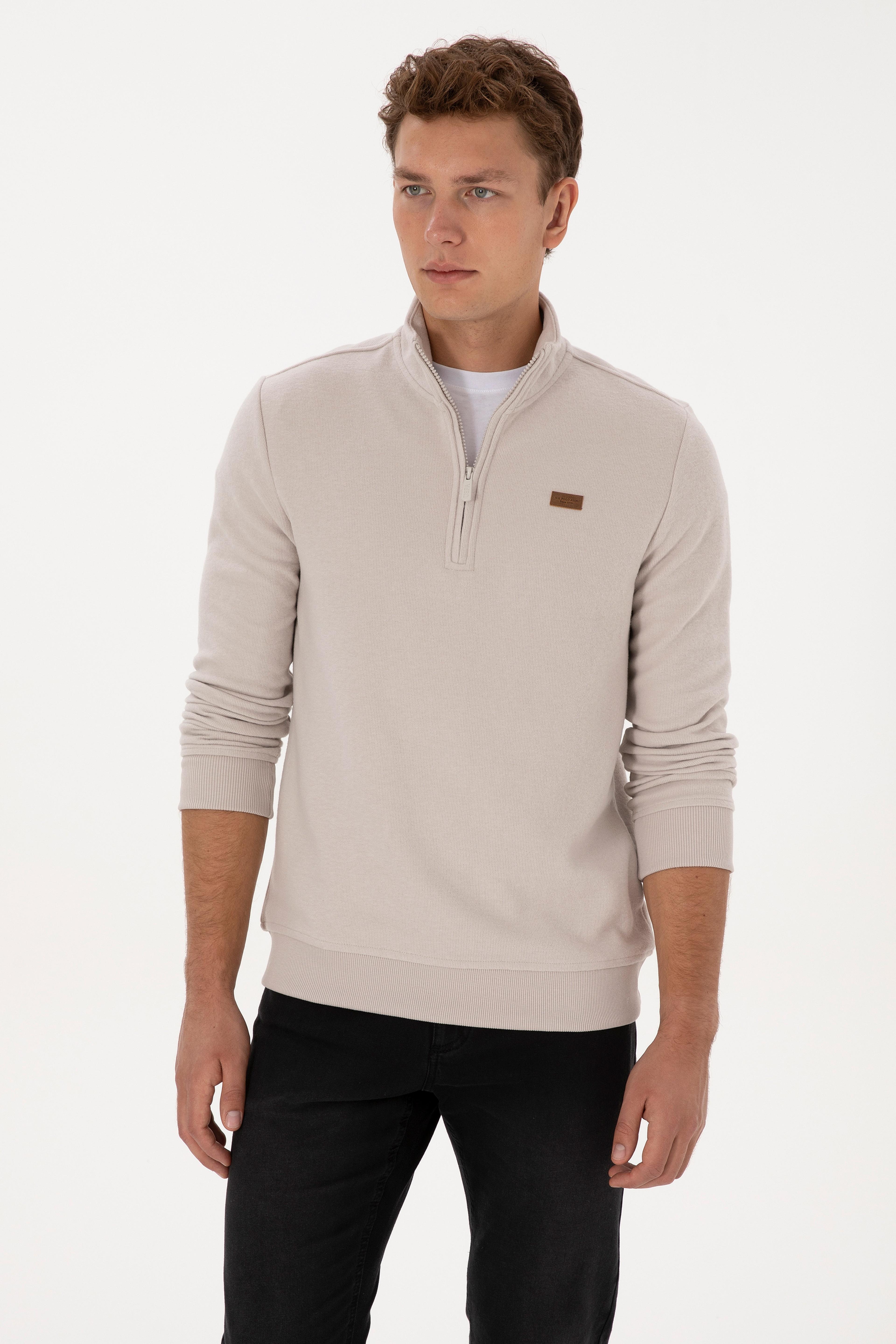 Erkek Regular Fit Yarım Fermuarlı Şardonlu Polo Yaka Taş Basic Sweatshirt - Image 3