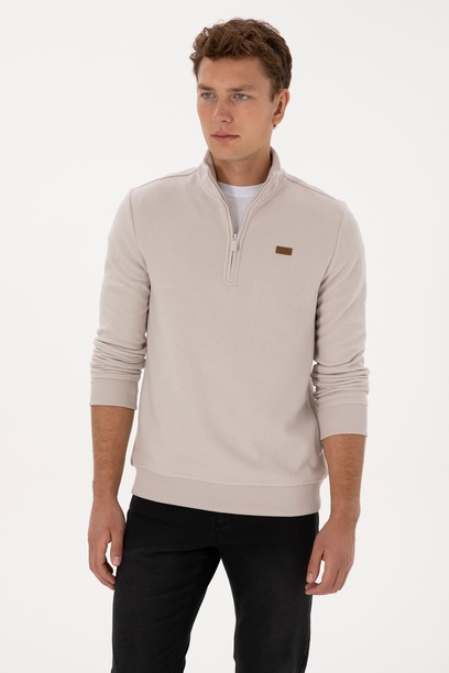Erkek Regular Fit Yarım Fermuarlı Şardonlu Polo Yaka Taş Basic Sweatshirt