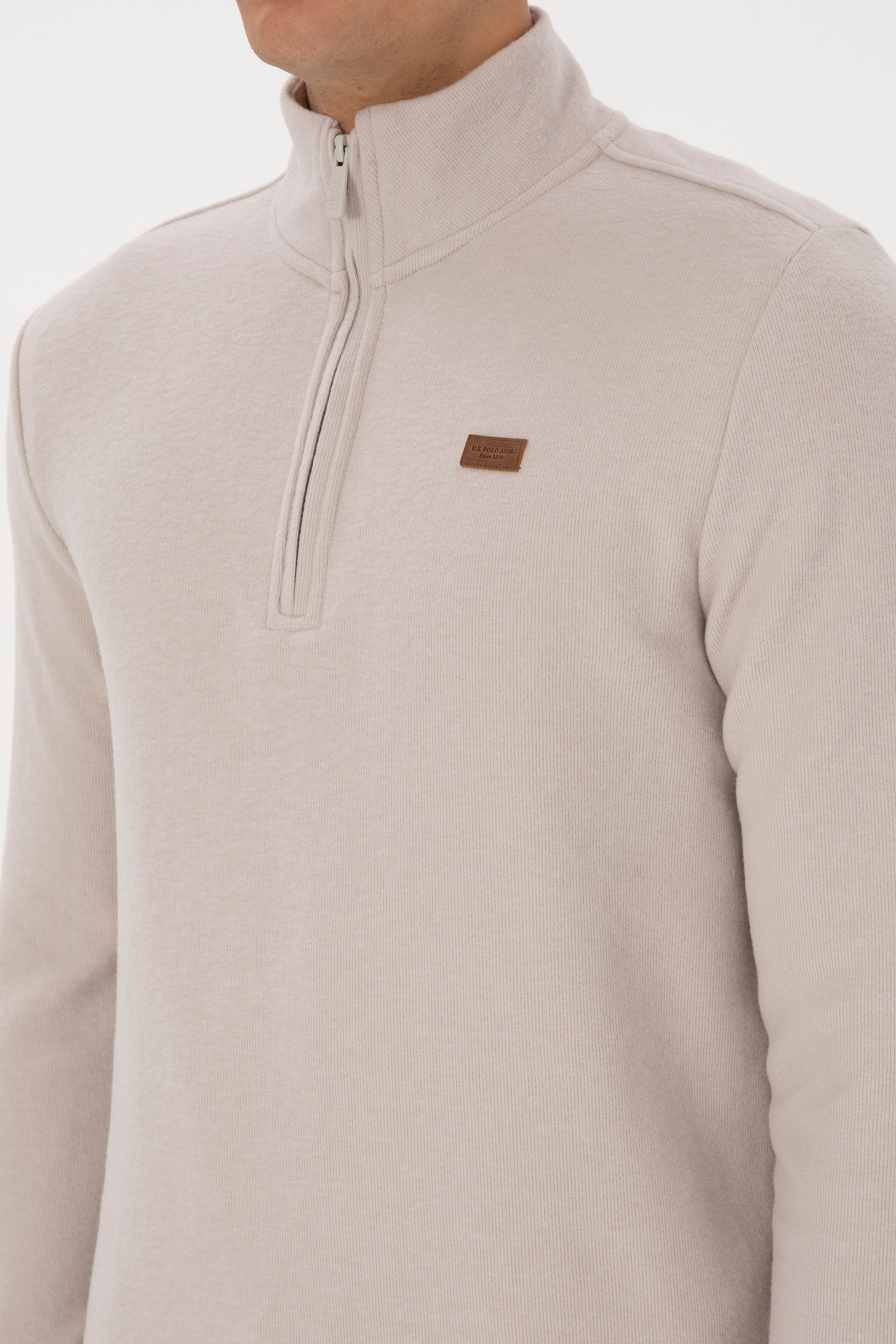 Erkek Regular Fit Yarım Fermuarlı Şardonlu Polo Yaka Taş Basic Sweatshirt - Image 7