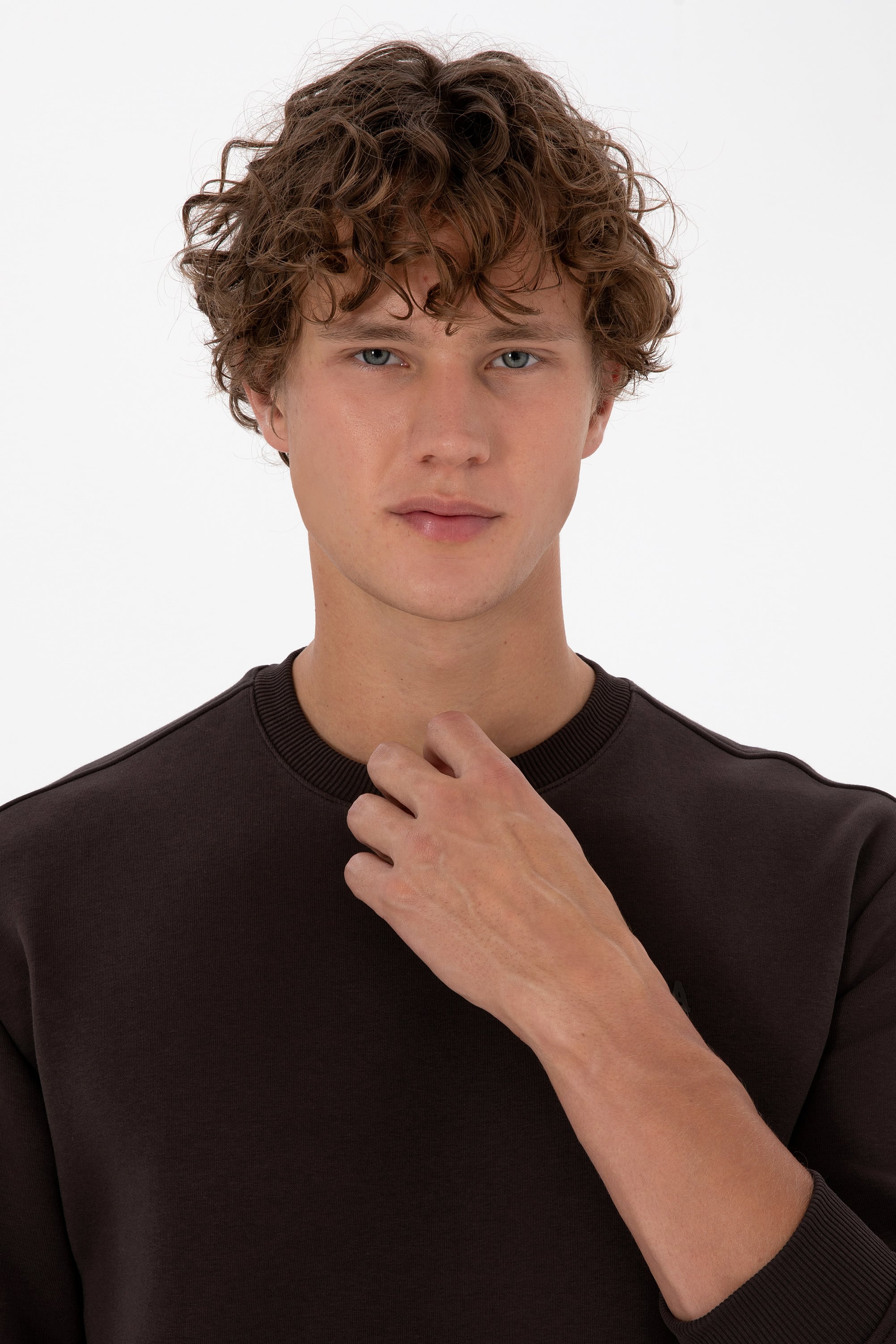 Erkek Comfort Fit Bisiklet Yaka Şardonlu Kahverengi Basic Sweatshirt