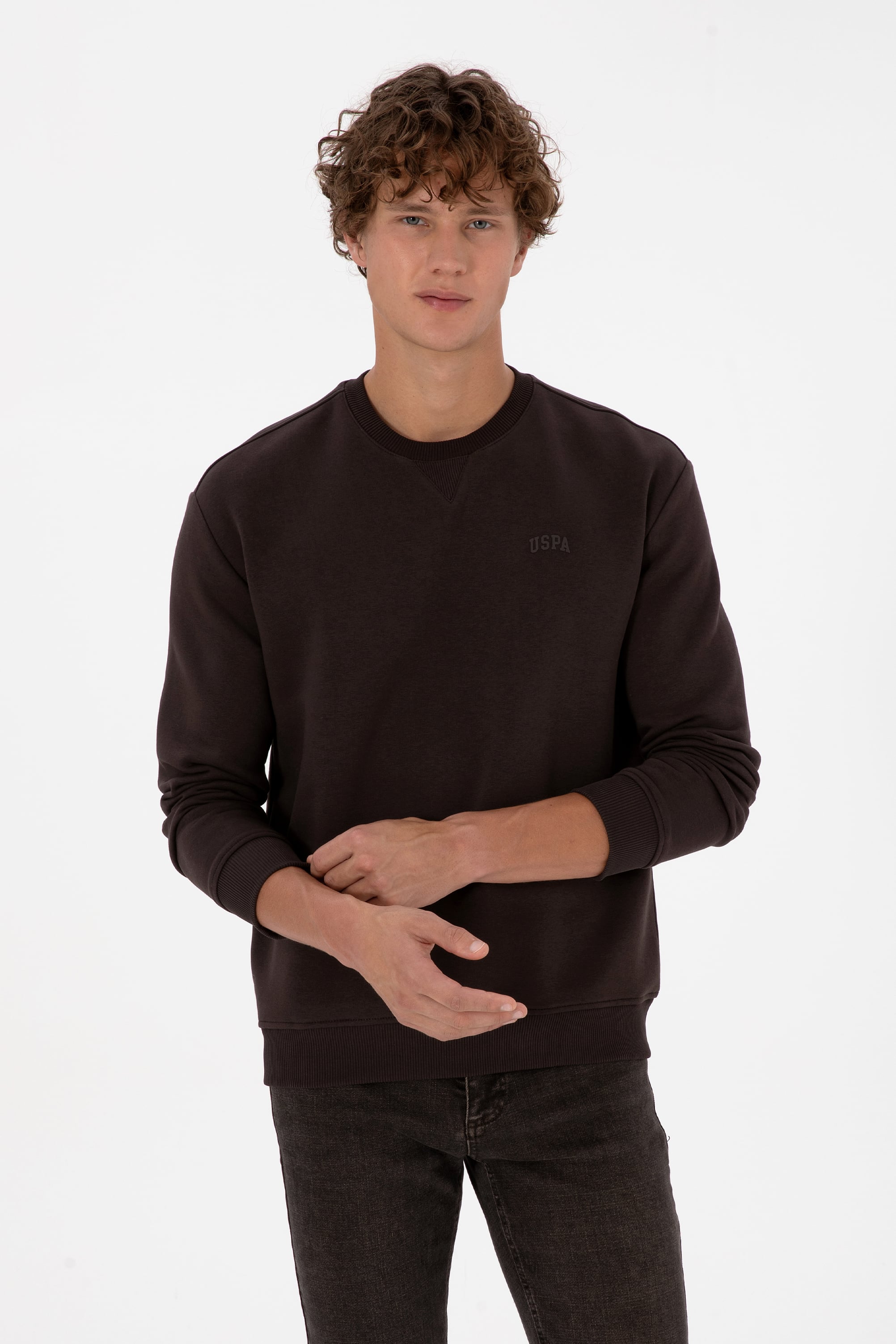 Erkek Comfort Fit Bisiklet Yaka Şardonlu Kahverengi Basic Sweatshirt