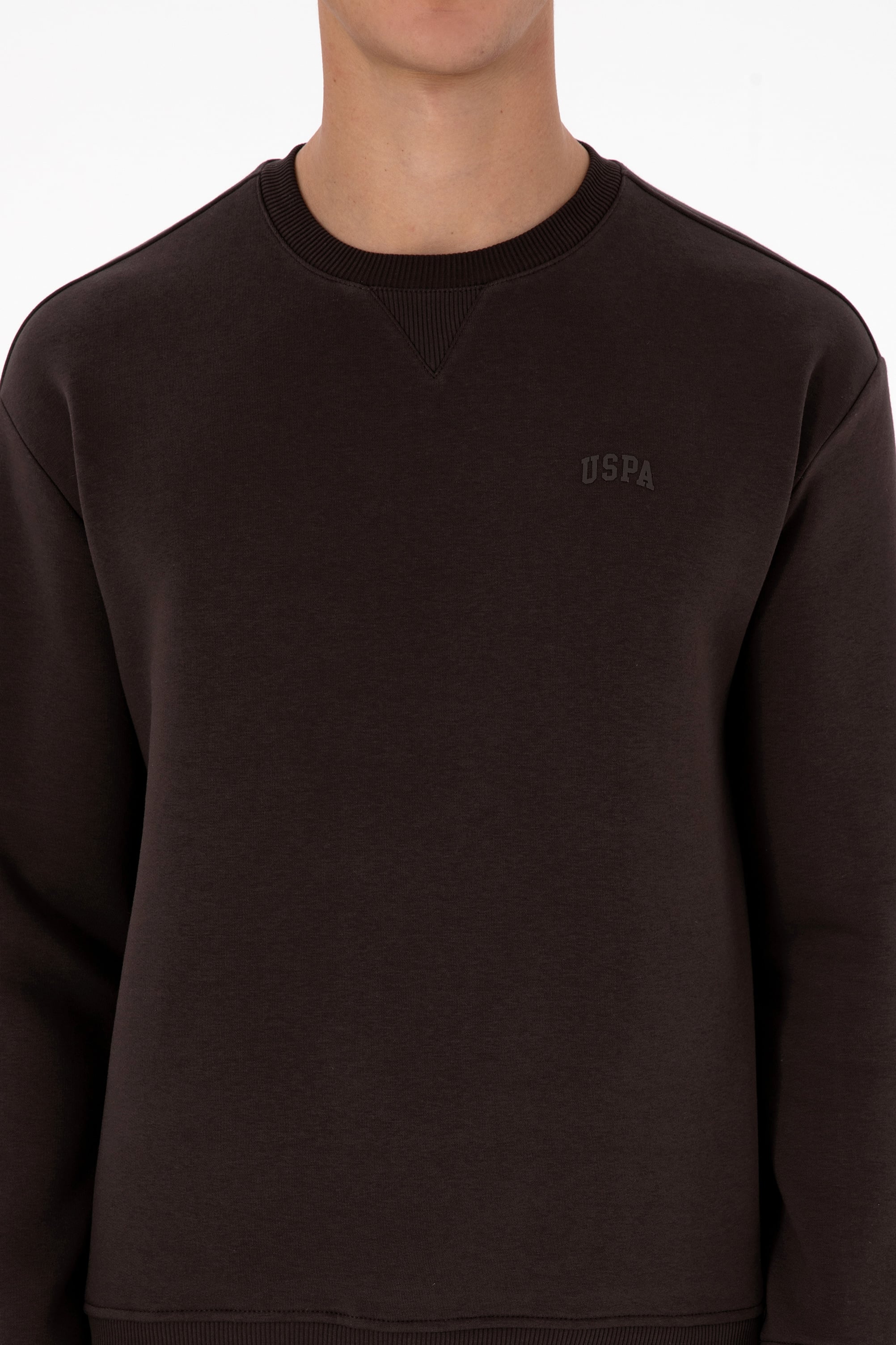 Erkek Comfort Fit Bisiklet Yaka Şardonlu Kahverengi Basic Sweatshirt