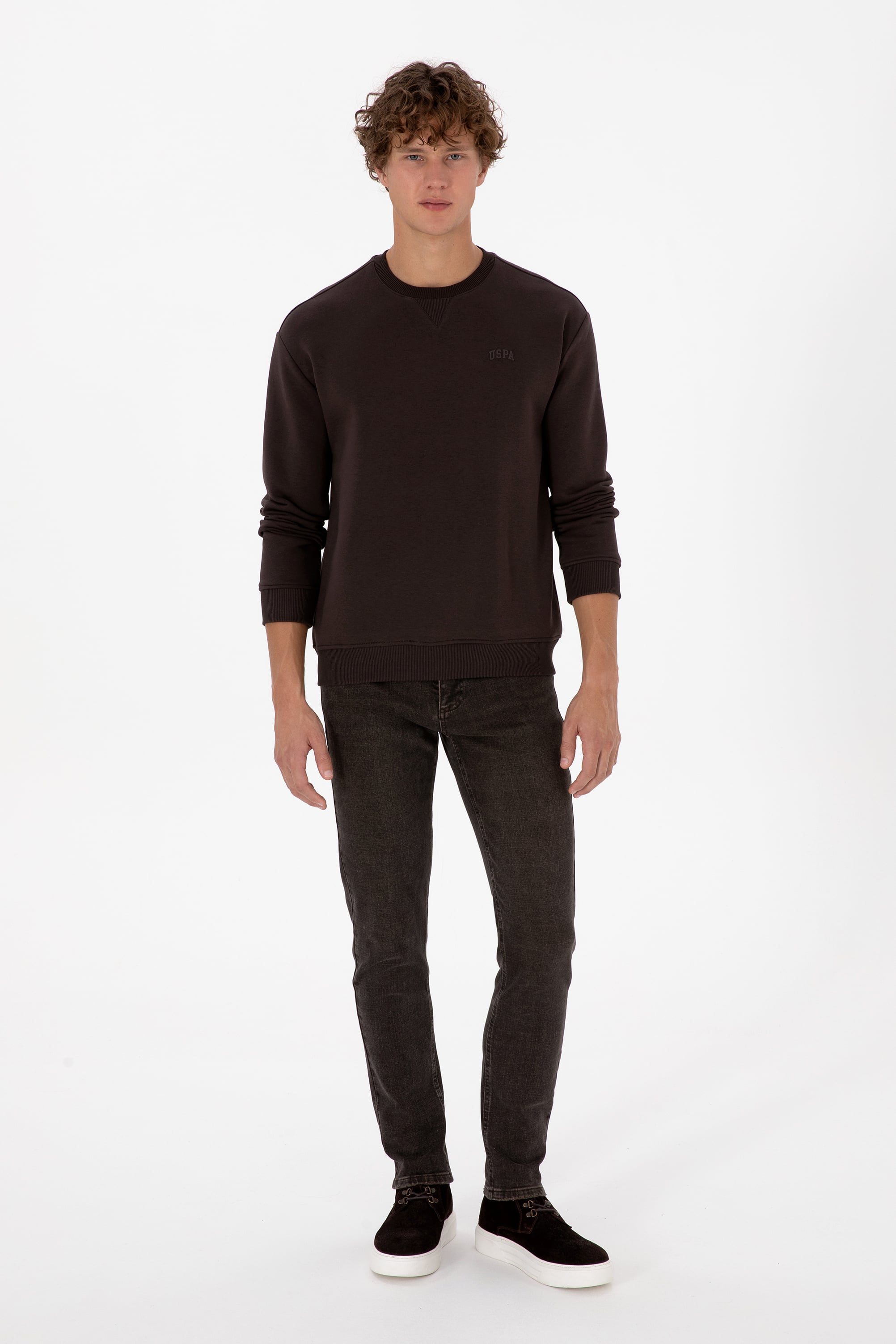 Erkek Comfort Fit Bisiklet Yaka Şardonlu Kahverengi Basic Sweatshirt - Image 4