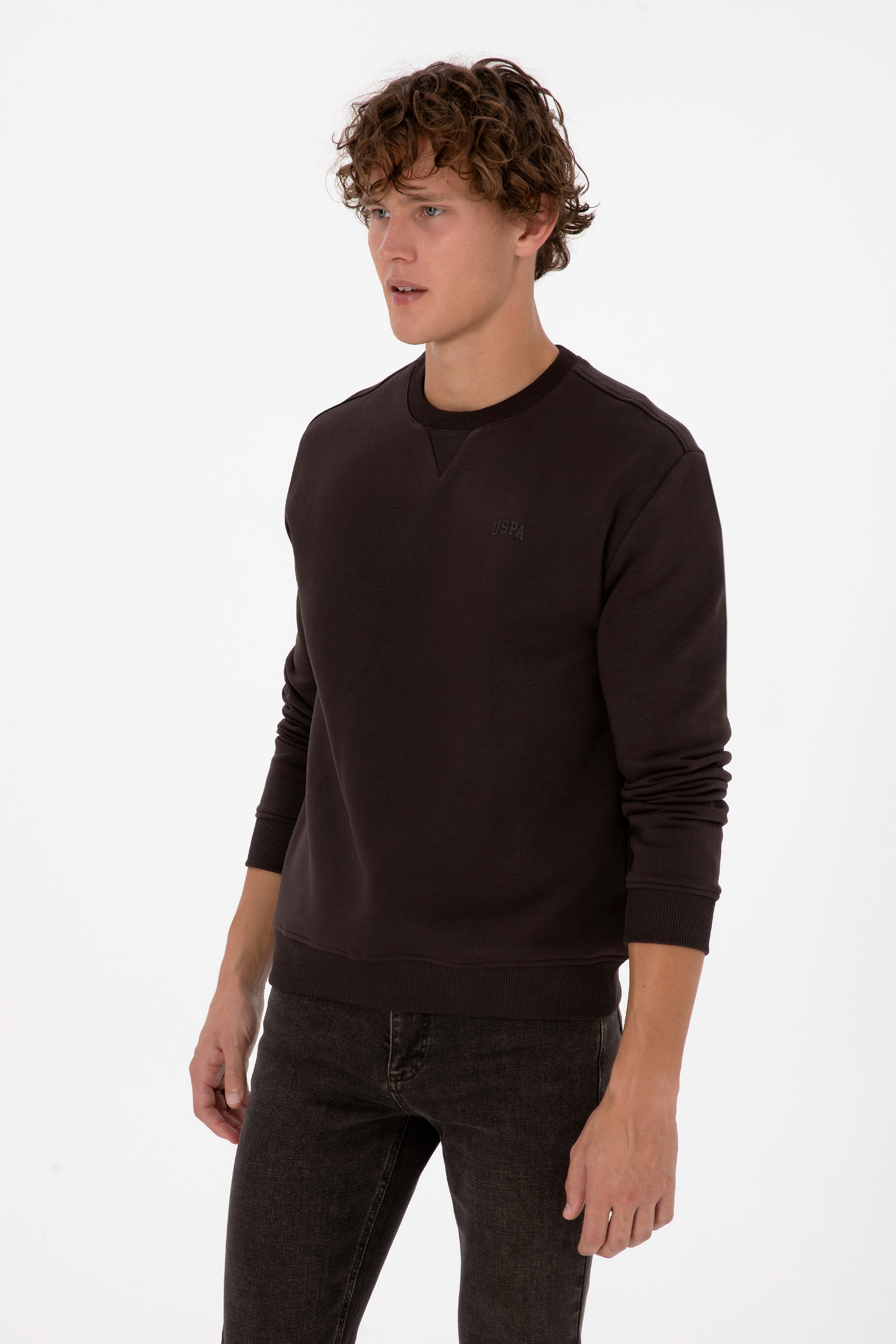 Erkek Comfort Fit Bisiklet Yaka Şardonlu Kahverengi Basic Sweatshirt - Image 3