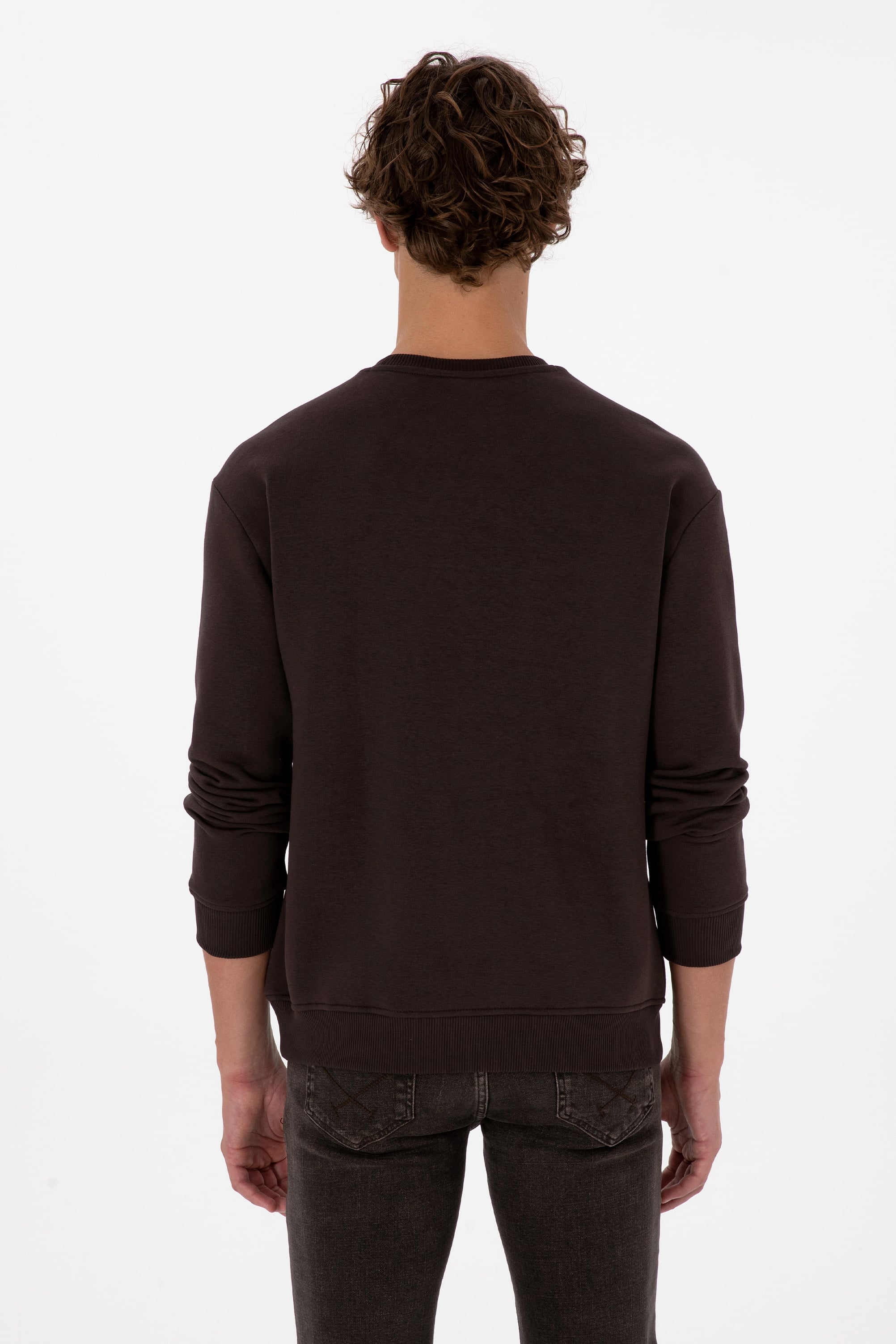 Erkek Comfort Fit Bisiklet Yaka Şardonlu Kahverengi Basic Sweatshirt - Image 5