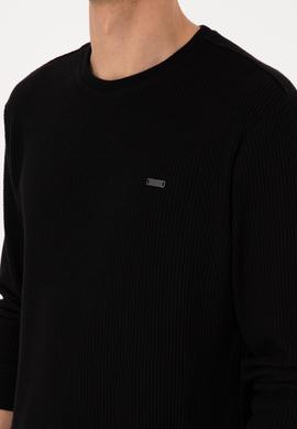 Erkek Bisiklet Yaka Regular Fit Petek Dokulu Siyah Sweatshirt - 50316304028