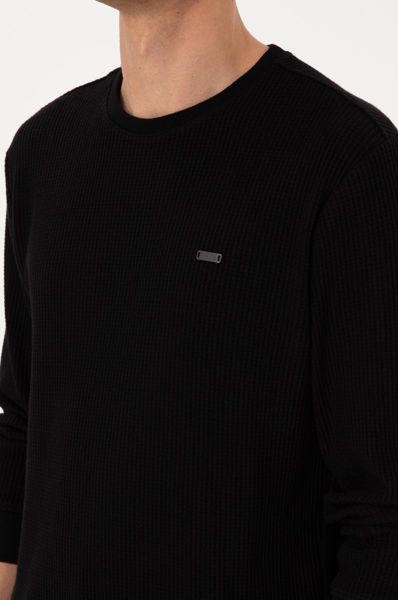 Erkek Bisiklet Yaka Regular Fit Petek Dokulu Siyah Sweatshirt