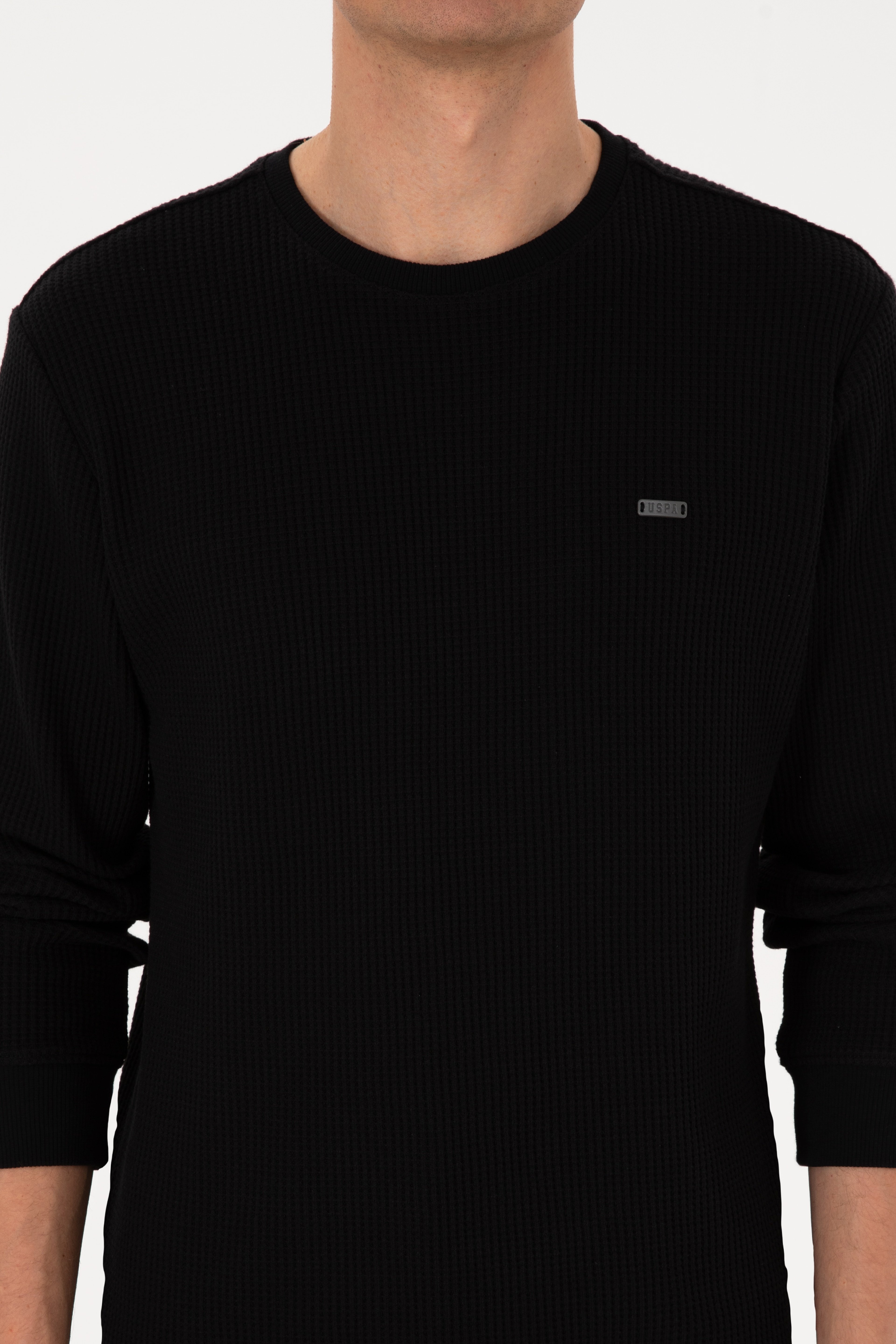 Erkek Bisiklet Yaka Regular Fit Petek Dokulu Siyah Sweatshirt
