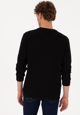 Erkek Bisiklet Yaka Regular Fit Petek Dokulu Siyah Sweatshirt - 50316304028