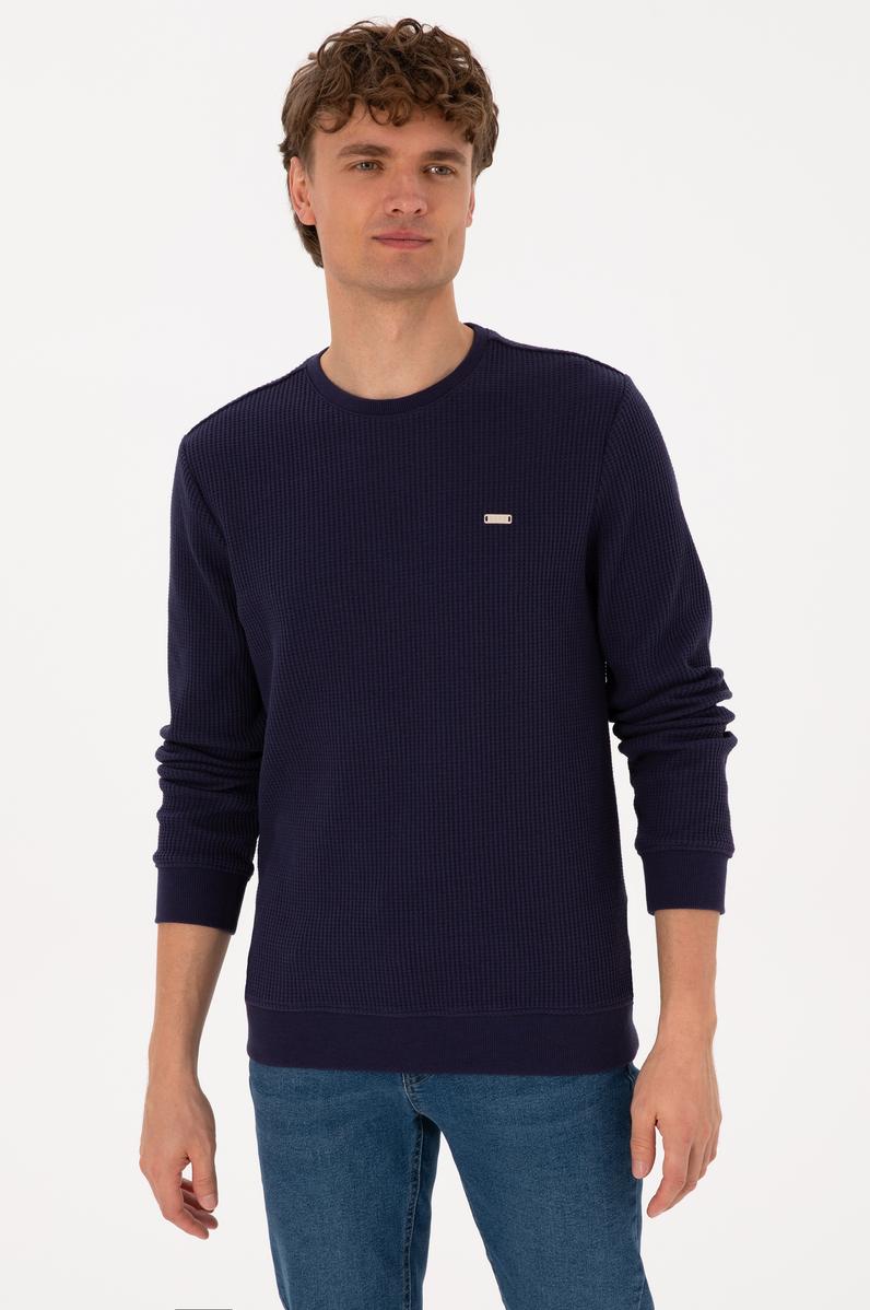 Erkek Bisiklet Yaka Regular Fit Petek Dokulu Mürdüm Sweatshirt