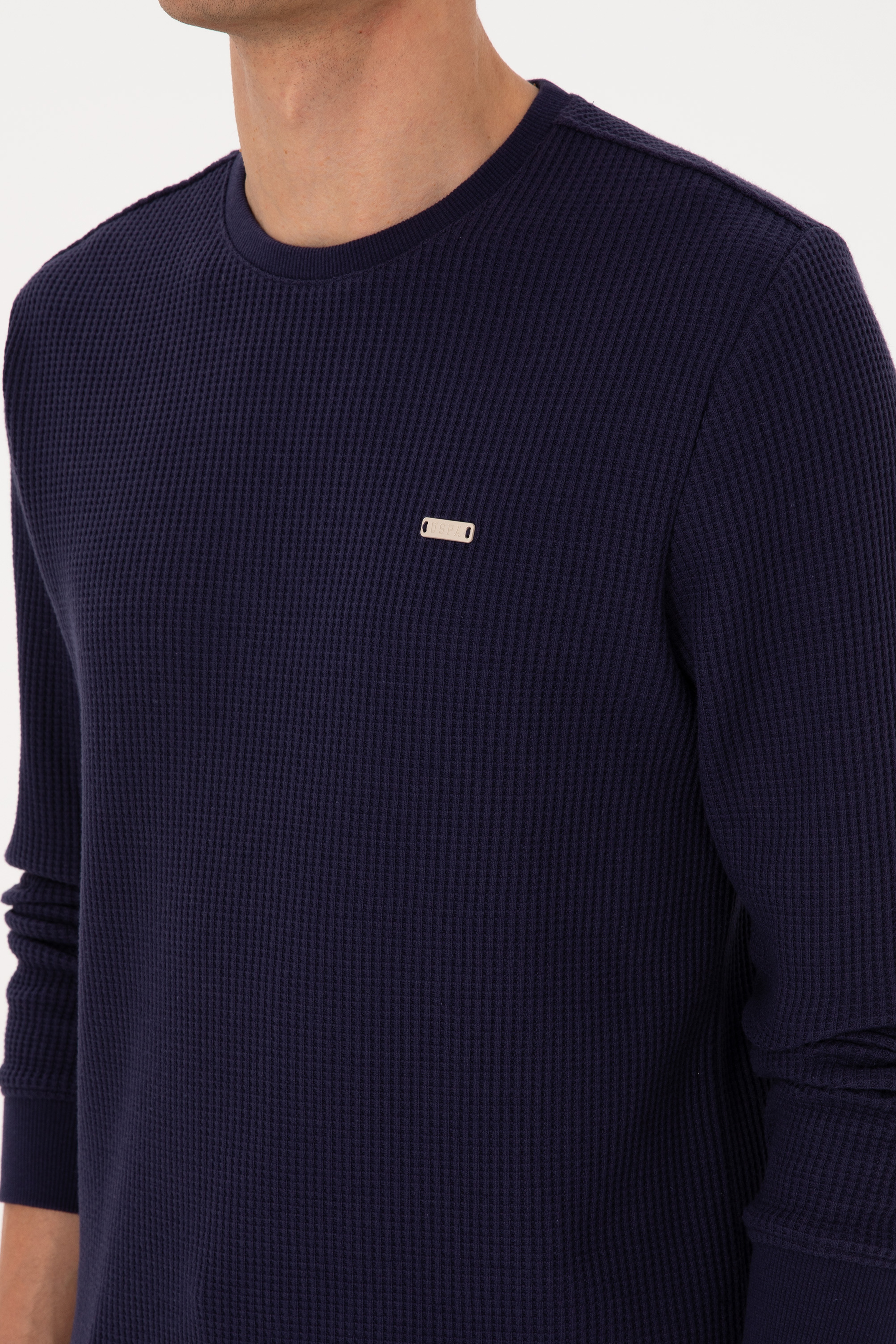 Erkek Bisiklet Yaka Regular Fit Petek Dokulu Mürdüm Sweatshirt - Image 7