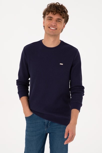 Erkek Bisiklet Yaka Regular Fit Petek Dokulu Mürdüm Sweatshirt