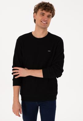 Erkek Bisiklet Yaka Regular Fit Petek Dokulu Siyah Sweatshirt - 50316304028
